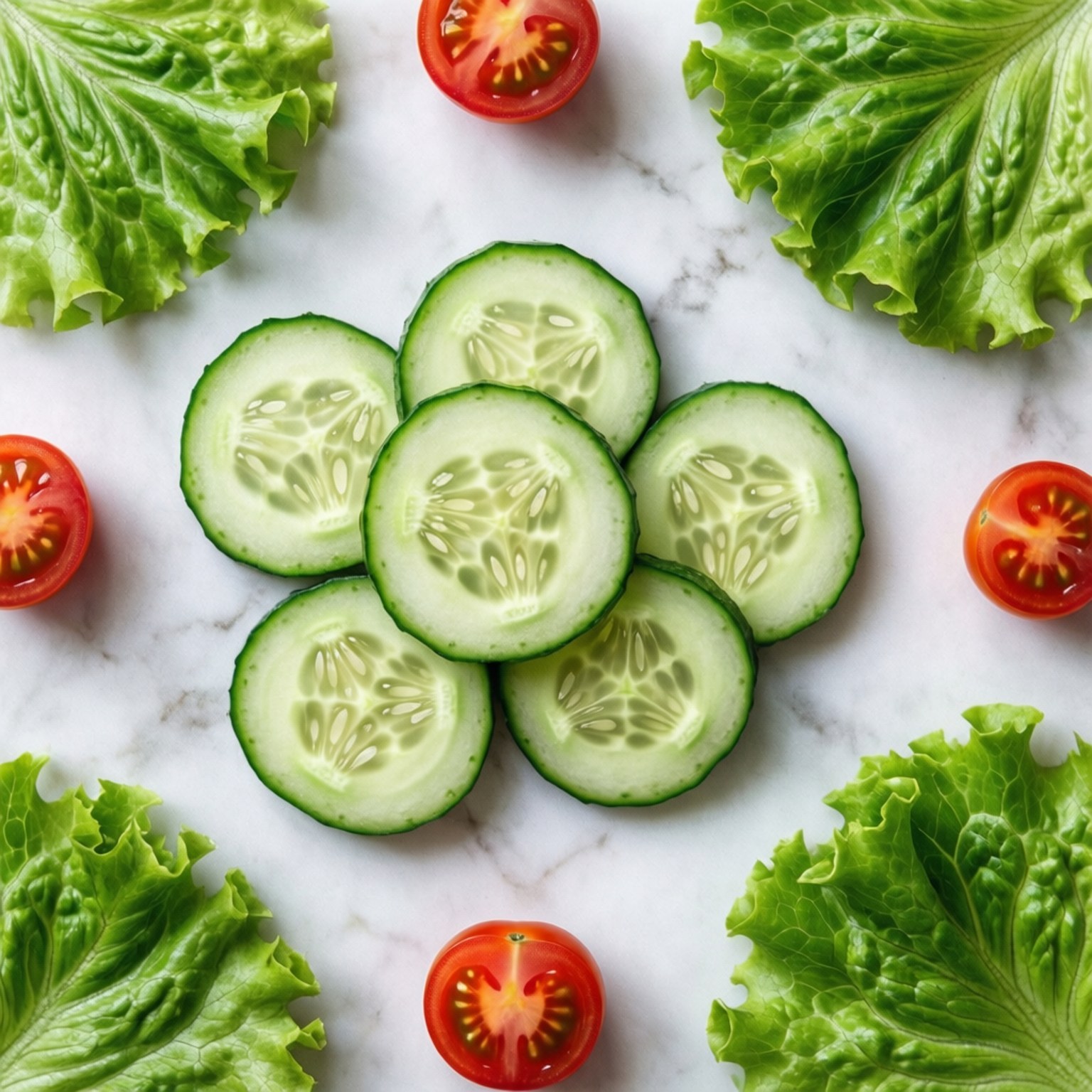 Fresh Salad Ingredients 壁紙 — 新鮮小黃瓜片排列成花朵圖案，周圍環繞著生菜葉和對半切開的櫻桃番茄，放在大理石表面上。