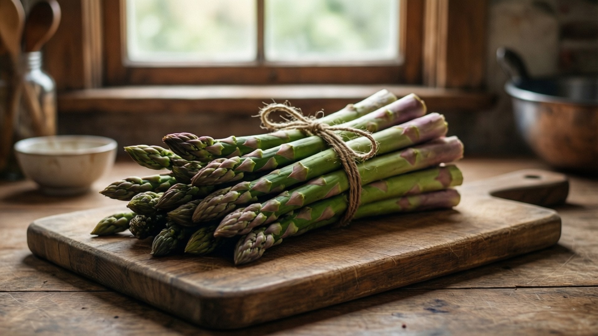 Tied Asparagus Bundle 壁紙 — 新鮮青蘆筍用繩子紮好，放在窗邊一塊風化的木砧板上。