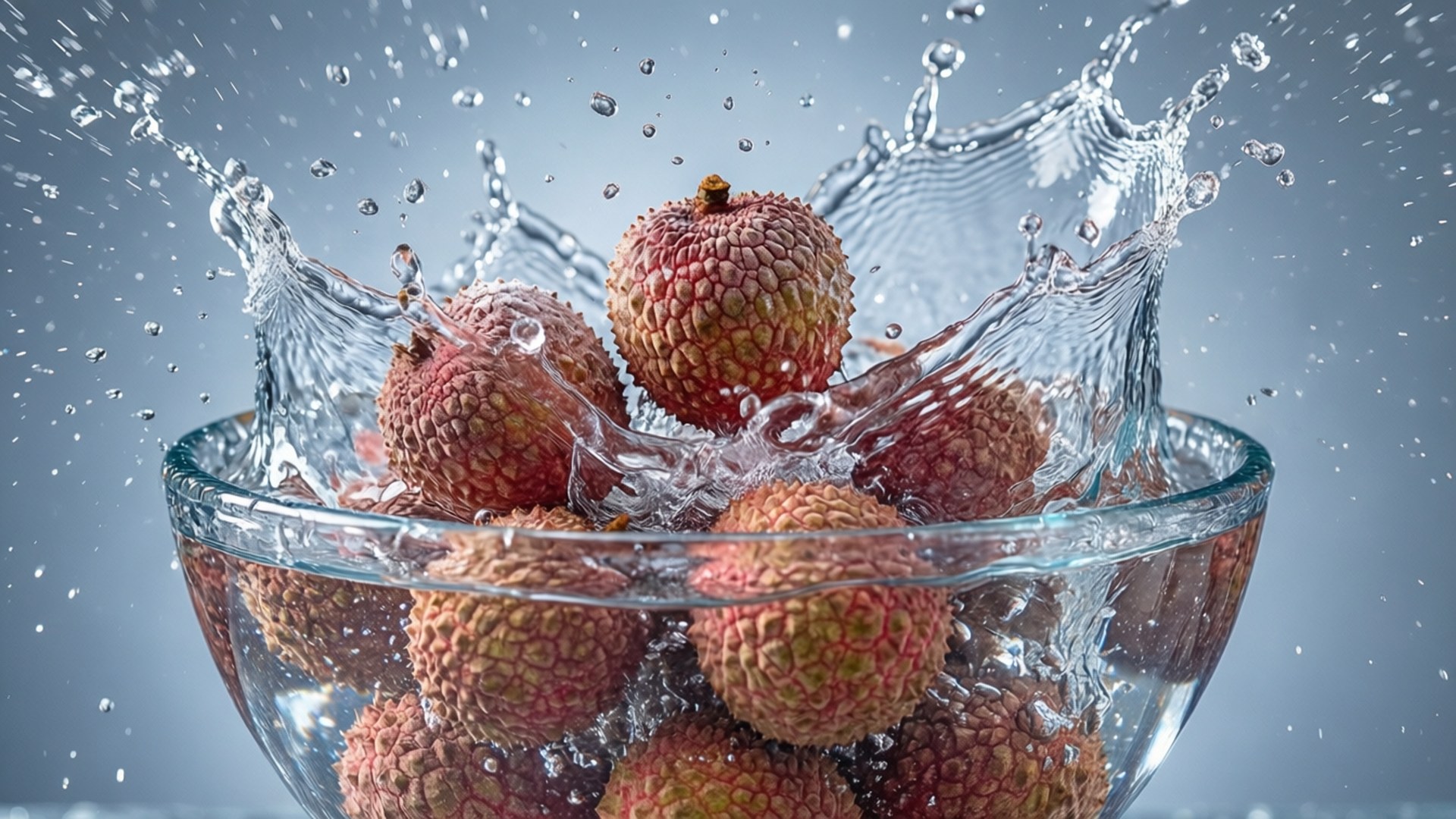 Litchi Splash 壁紙 — 新鮮荔枝在透明玻璃碗中戲劇性地飛濺，背景為冷灰色。