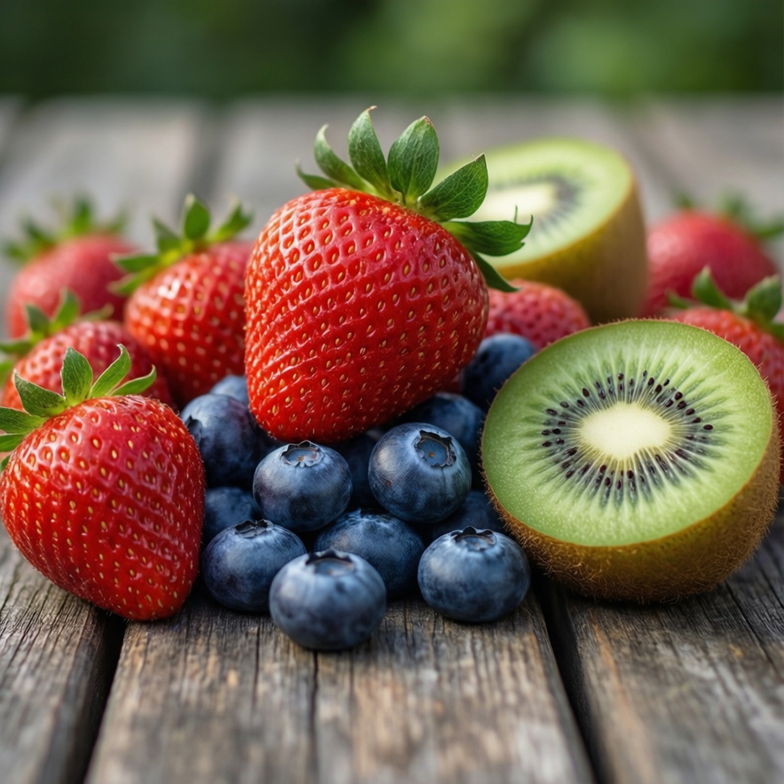 Summer Fruit Platter 壁紙 — 新鮮草莓、藍莓和切片奇異果排列在風化木質表面上，柔和自然光線。