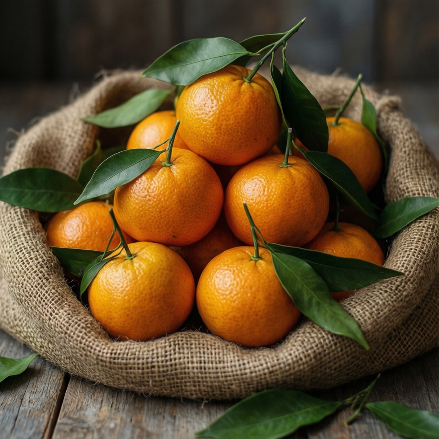 mandarin 桌布 壁紙 — 新鮮柑橘連綠葉放在粗麻布袋中，置於鄉村風木質表面上。