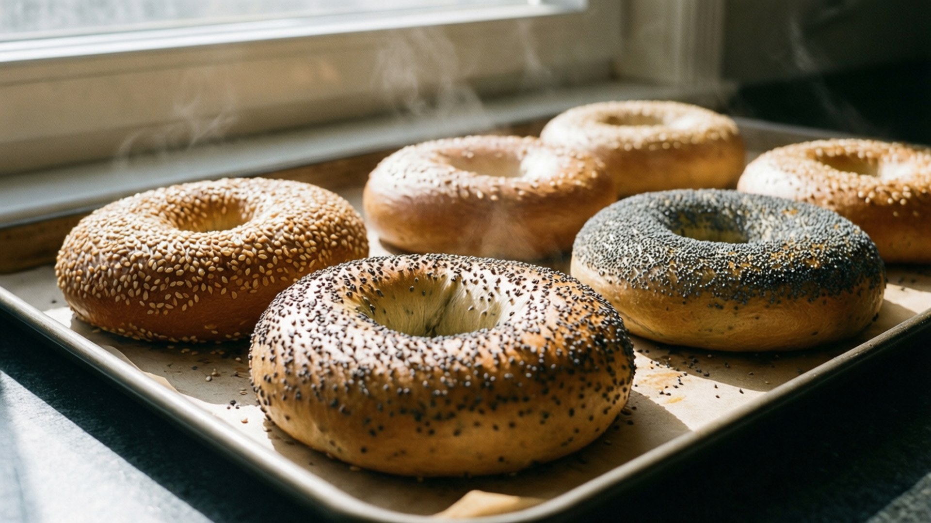 Bagel Morning 壁紙 — 新鮮出爐的貝果在陽光照射的窗邊托盤上冒著蒸氣，上面有金色芝麻和罌粟籽配料。