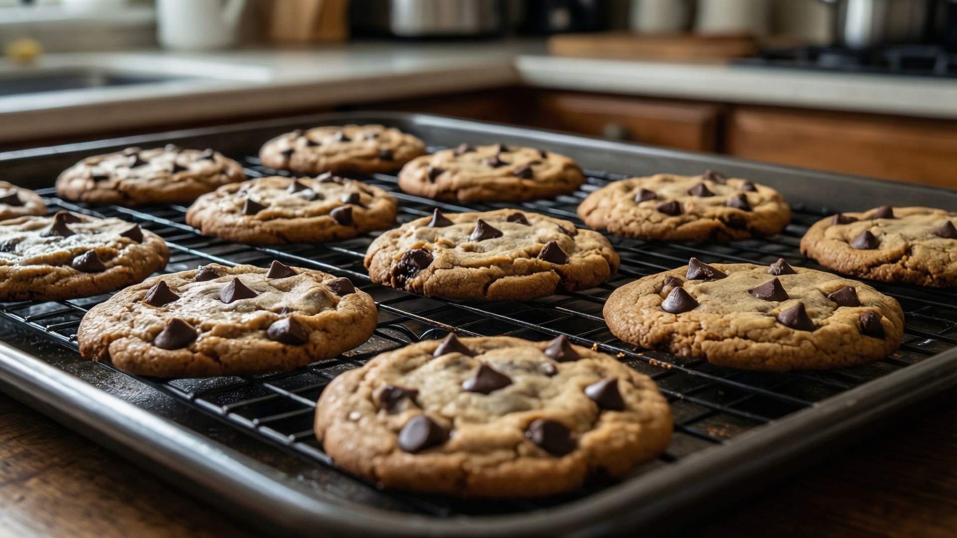 Chocolate Chip Cookie Tray 壁紙 — 新鮮出爐的巧克力餅乾在溫暖廚房的鐵絲架上冷卻。