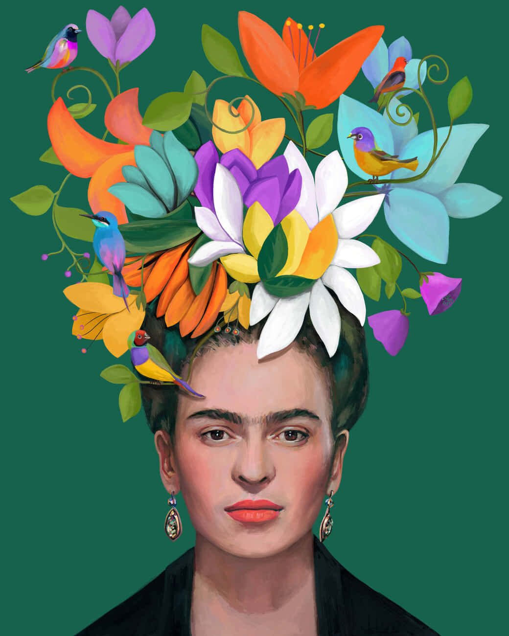 藝術 桌布 壁紙 — Frida Kahlo 戴著一個由橙色、紫色和白色花朵以及色彩繽紛的鳥兒組成的鮮豔花冠，背景是深綠色。