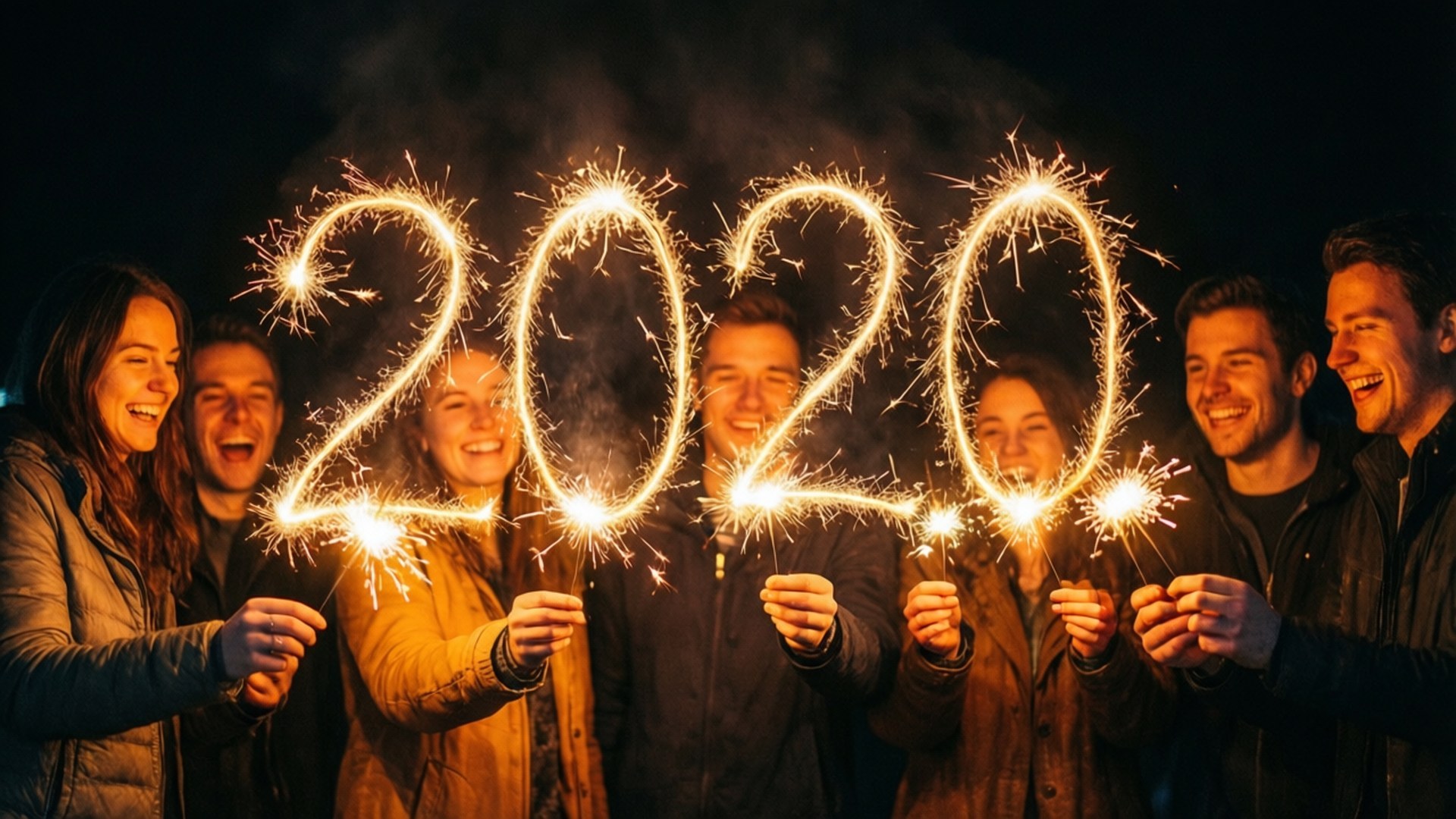 Sparkler Friends 2020 壁紙 — 朋友們高興地手持煙火，在黑暗的夜空中形成2020年。
