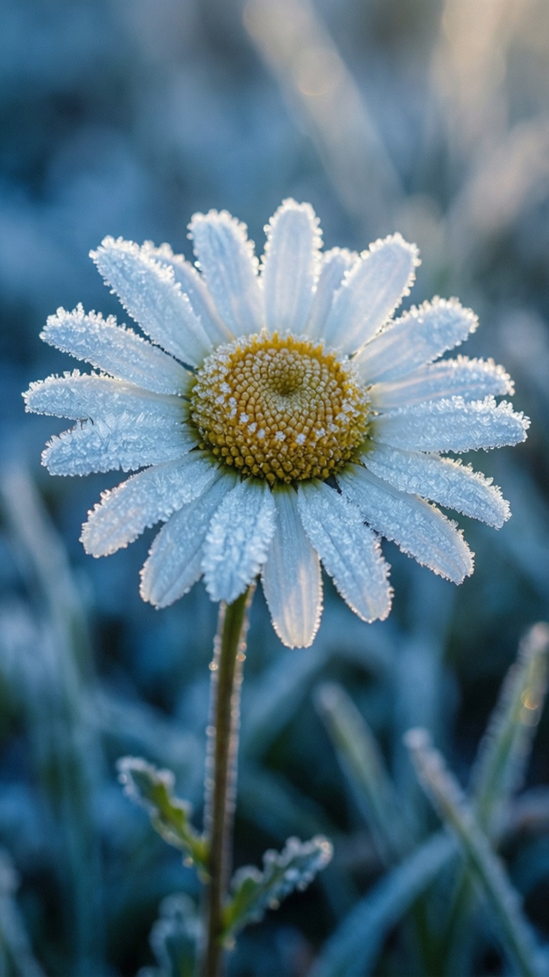 Frosted Daisy 壁紙 — 一朵覆蓋著霜的雛菊，帶有精緻的白色花瓣和黃色中心，在模糊的藍色背景上高高聳立。