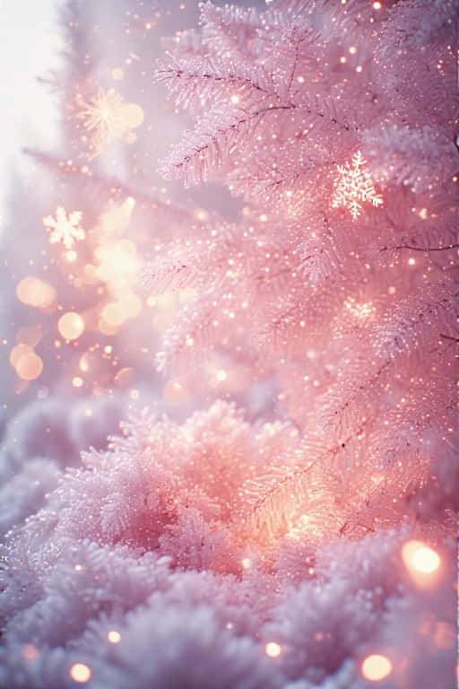 結霜的松樹枝被柔和的粉紅色燈光和閃爍的雪花照亮。 — 4K 壁紙