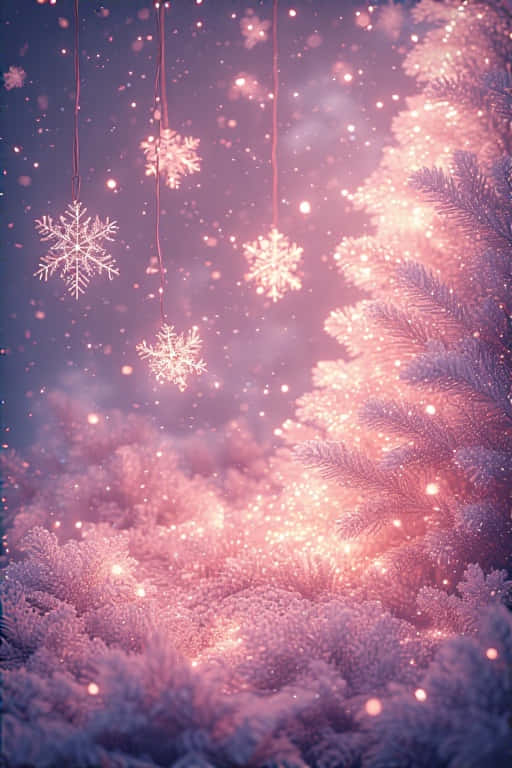 被霜覆蓋的松樹被柔和的粉紅色燈光照亮，雪花在空中飄浮。 — 4K 壁紙