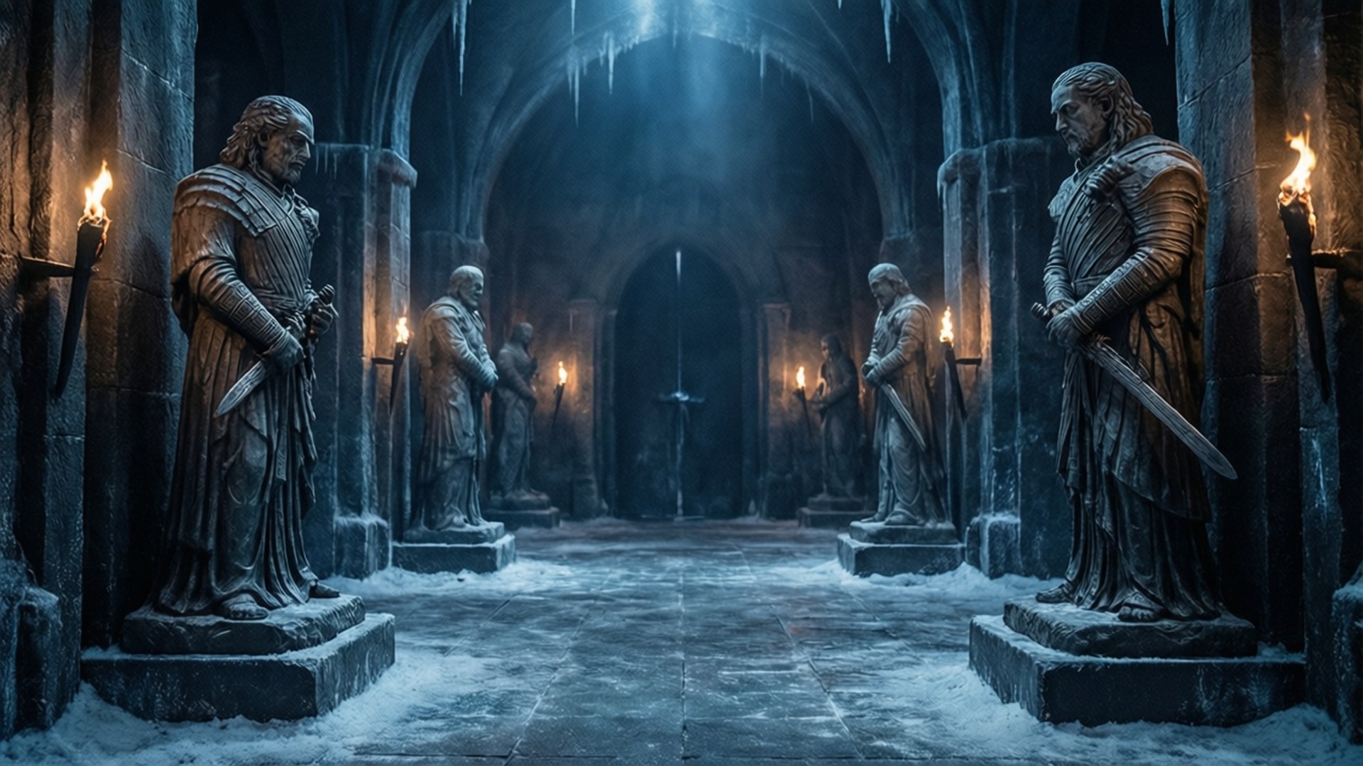 Crypts of Winterfell 壁紙 — 冰封的大教堂走廊兩旁排列著石像，是身穿盔甲的戰士在搖曳的火炬光下持劍而立。