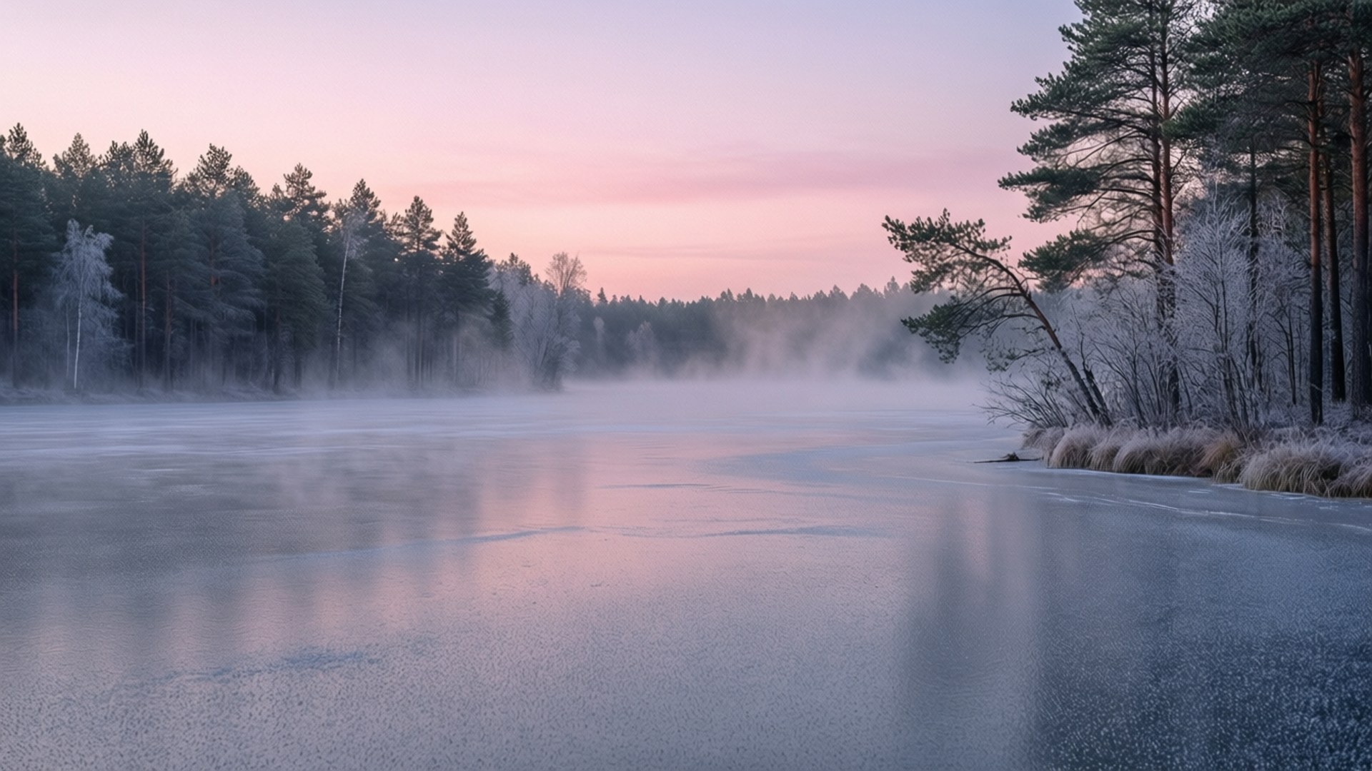 Frozen Lake Dawn 壁紙 — 黎明時分的冰凍湖面，霧氣從冰面升起，映照著粉紅色的天空和積雪的松樹。