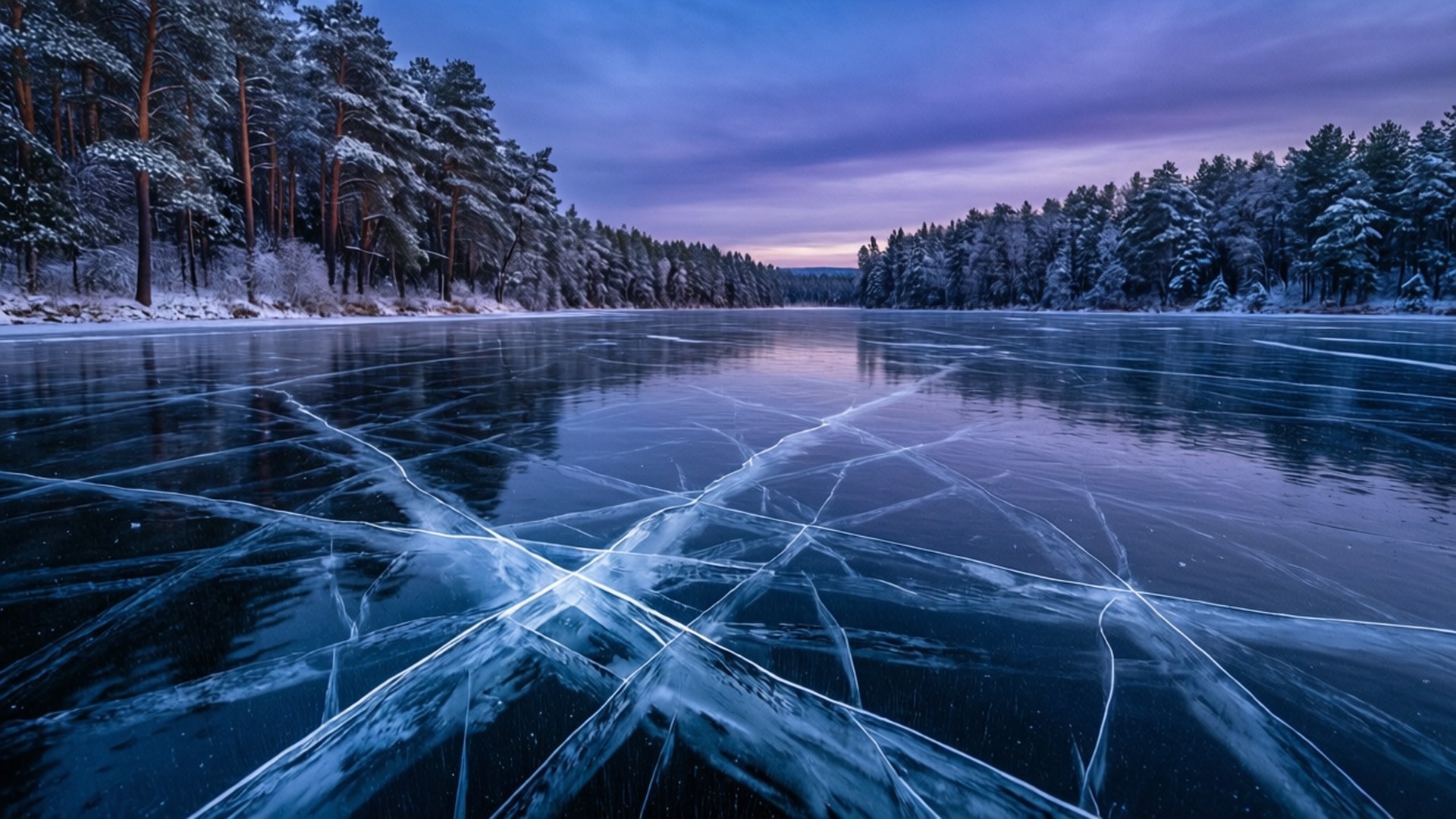 Frozen Lake Twilight 壁紙 — 黃昏時分的冰凍湖泊，冰裂紋複雜，反射出紫色和藍色的天空，周圍是白雪覆蓋的松樹。