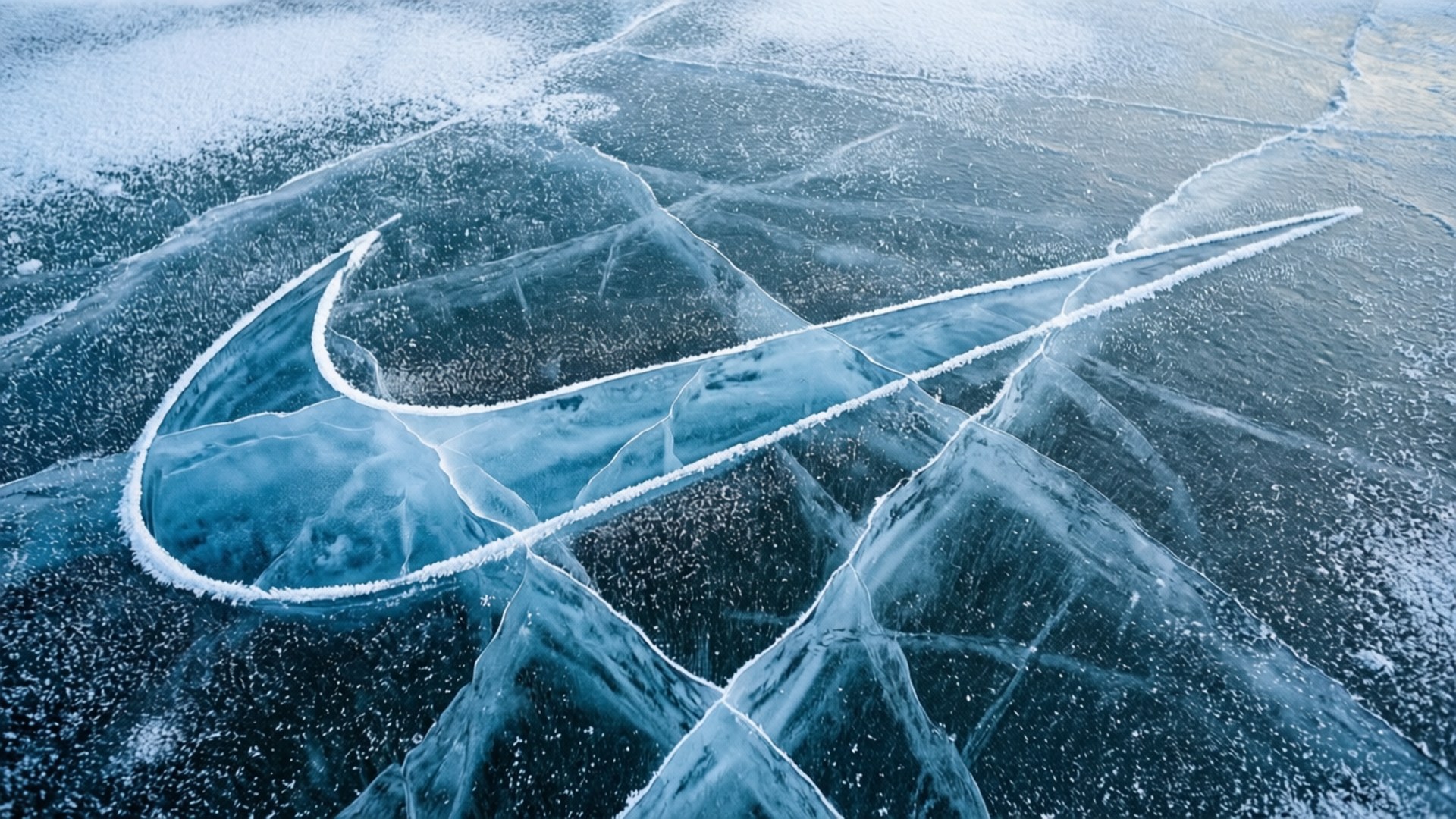 Icy Lake Swoosh 壁紙 — 結冰湖面的裂冰形成一個引人注目的Nike swoosh輪廓，呈現霜藍和白色。