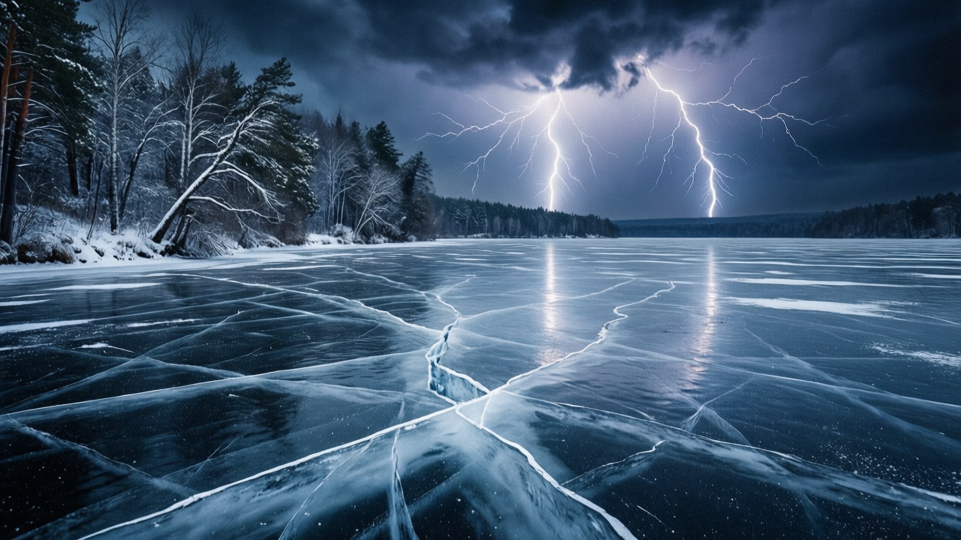 Ice Storm Lake 壁紙 — 冰凍的湖面在暴風雨的天空下裂開，鋸齒狀的閃電在覆蓋著雪花的樹木上方的烏雲中分叉。