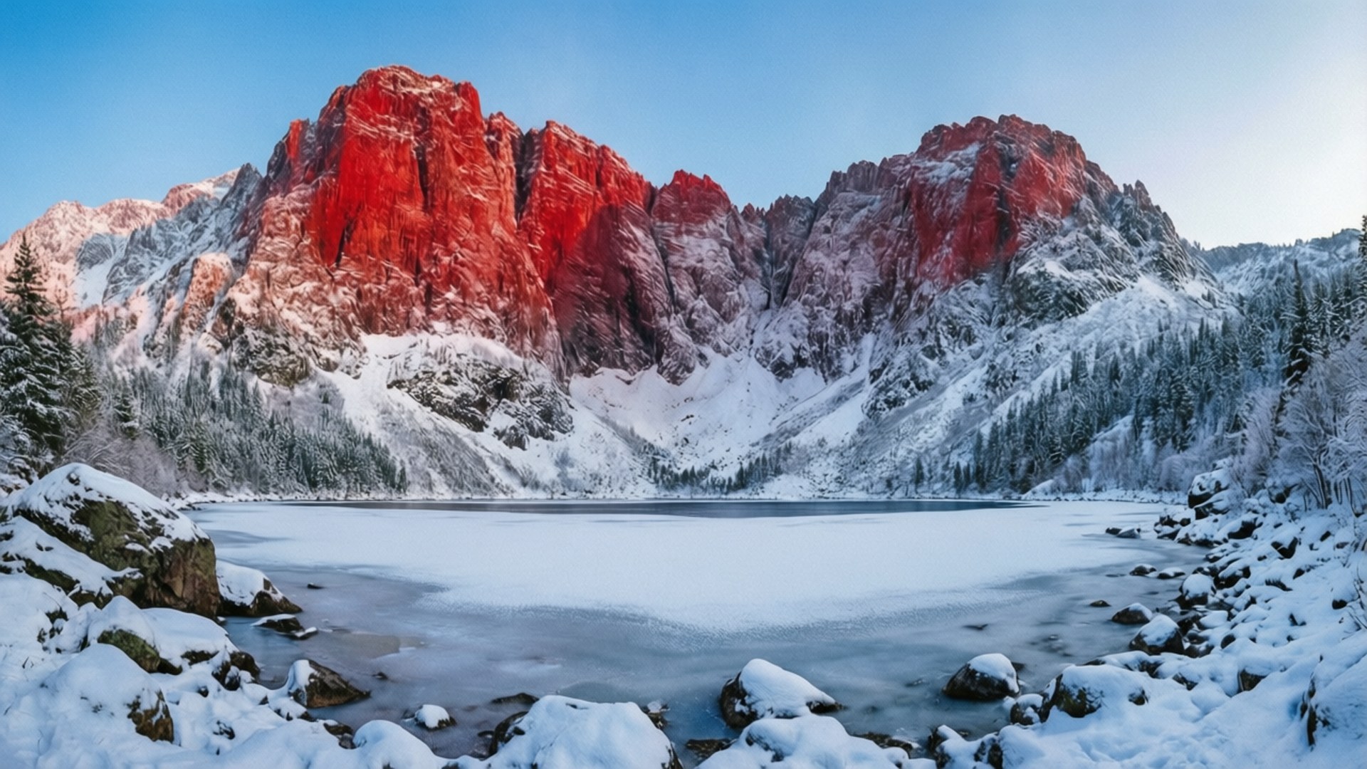 Snowy Red Mountain 壁紙 — 結冰的湖面映照著被雪覆蓋的山脈，在日出時泛著紅光，常綠樹環繞著場景。