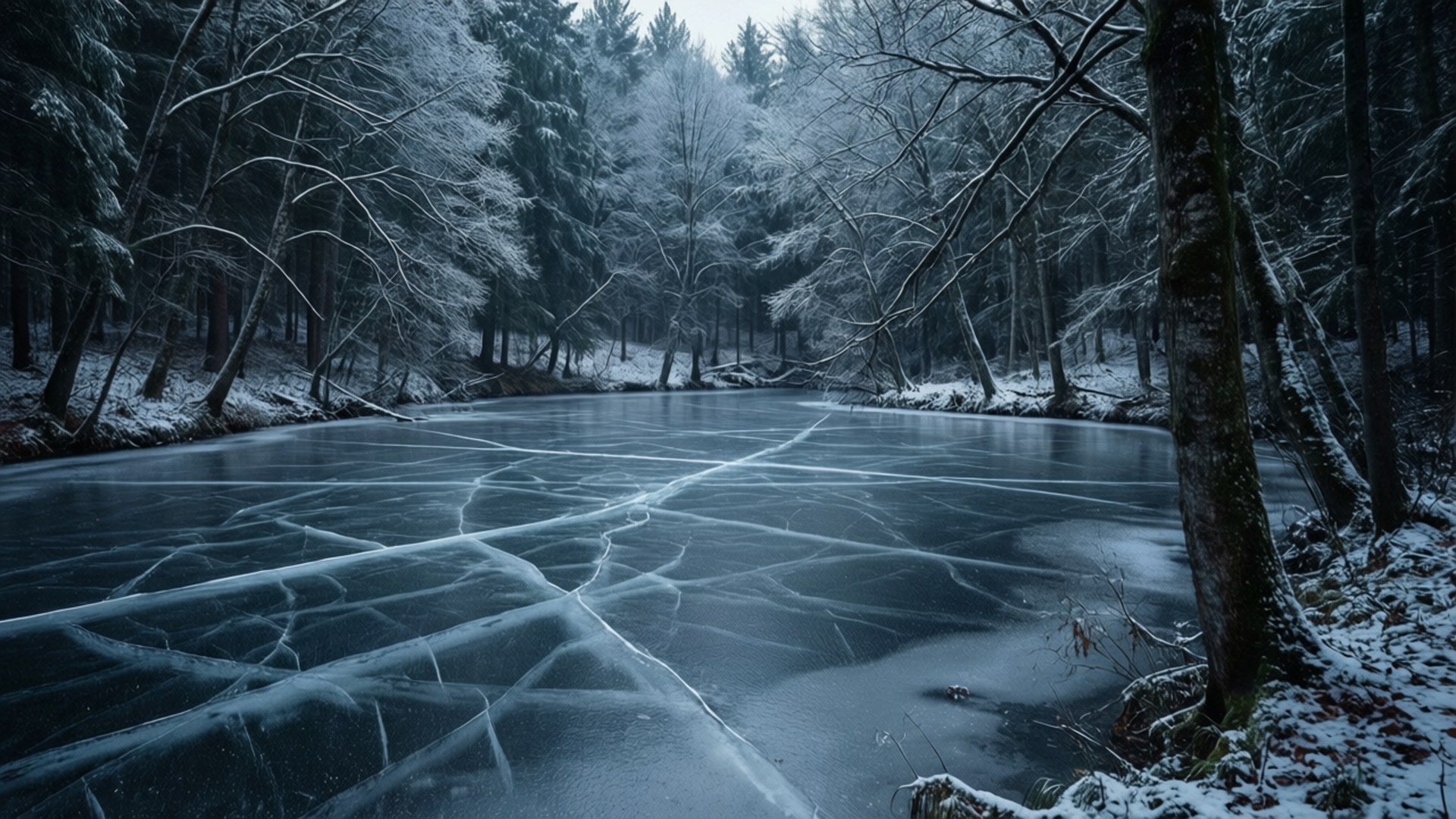 Frozen Lake in Dark Forest 壁紙 — 一條結冰的河流，冰面裂開，蜿蜒穿過白雪覆蓋的森林，天空灰濛濛。