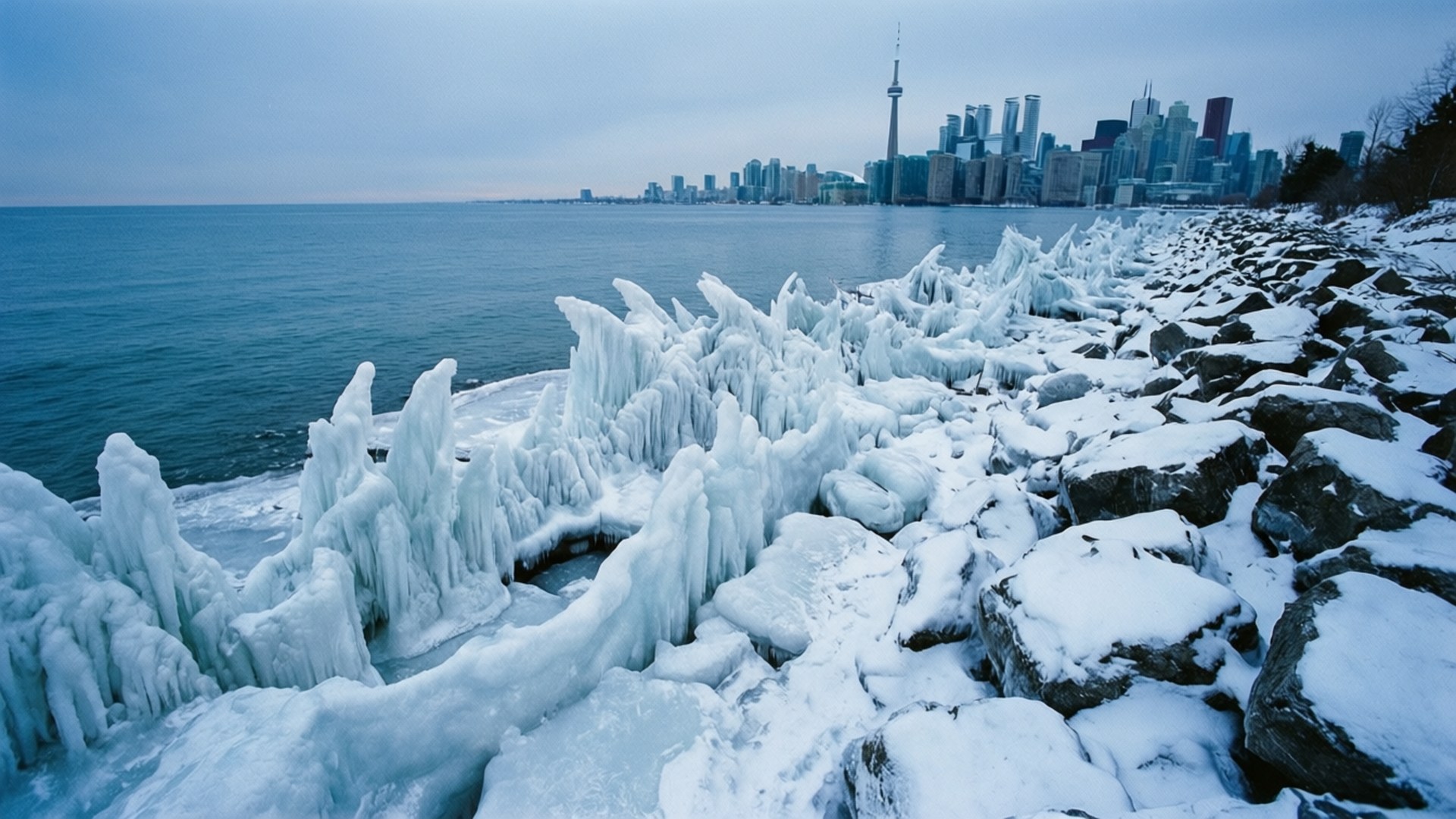 Frozen Lake Ontario 壁紙 — 冰封的海岸線，參差不齊的冰層和白雪覆蓋的岩石，在淡藍色的天空下朝向多倫多的天際線。