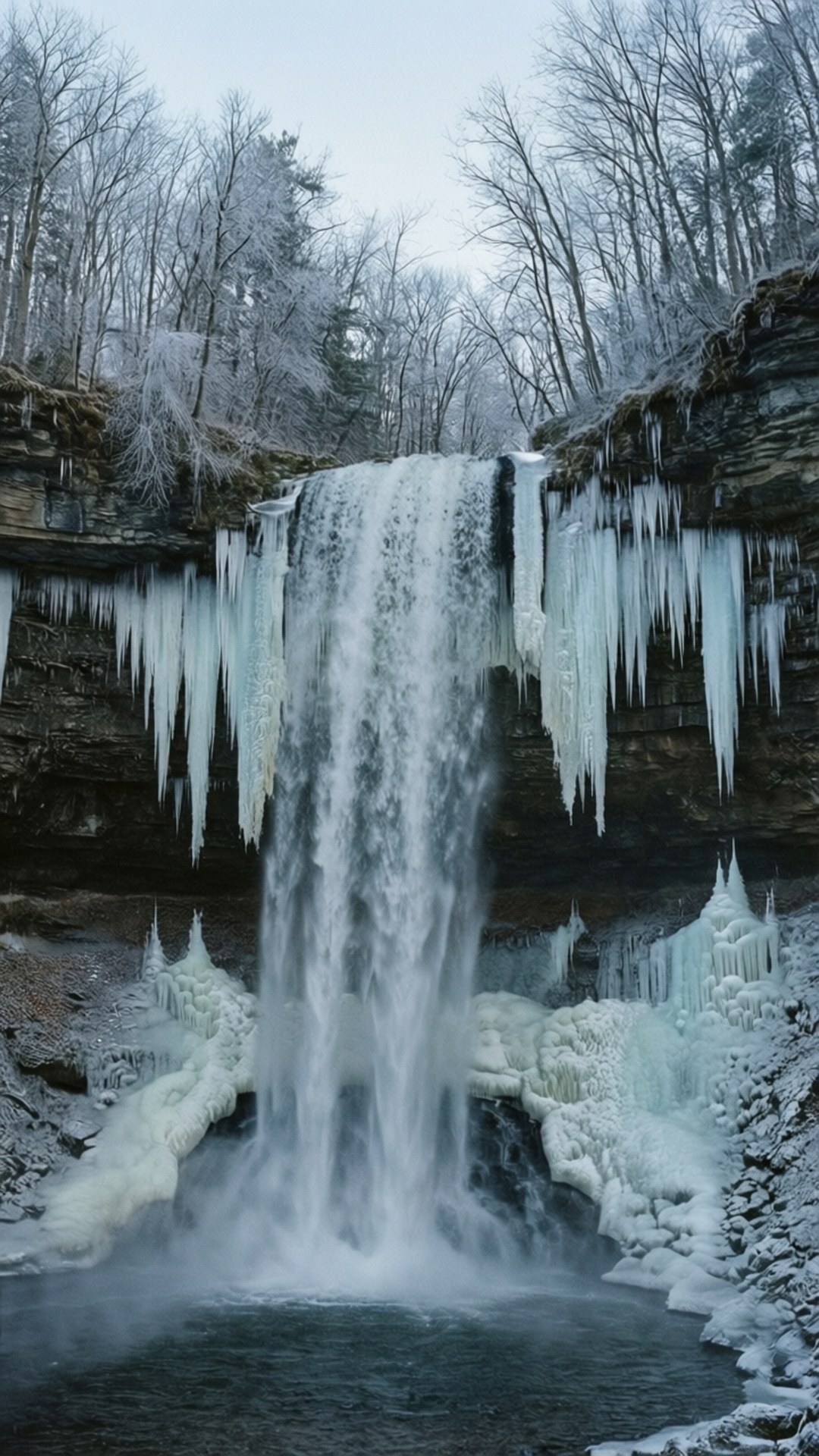 Frozen Waterfall 壁紙 — 在灰色的天空下，一條冰凍的瀑布從冰崖上傾瀉而下，周圍是白雪覆蓋的樹木。