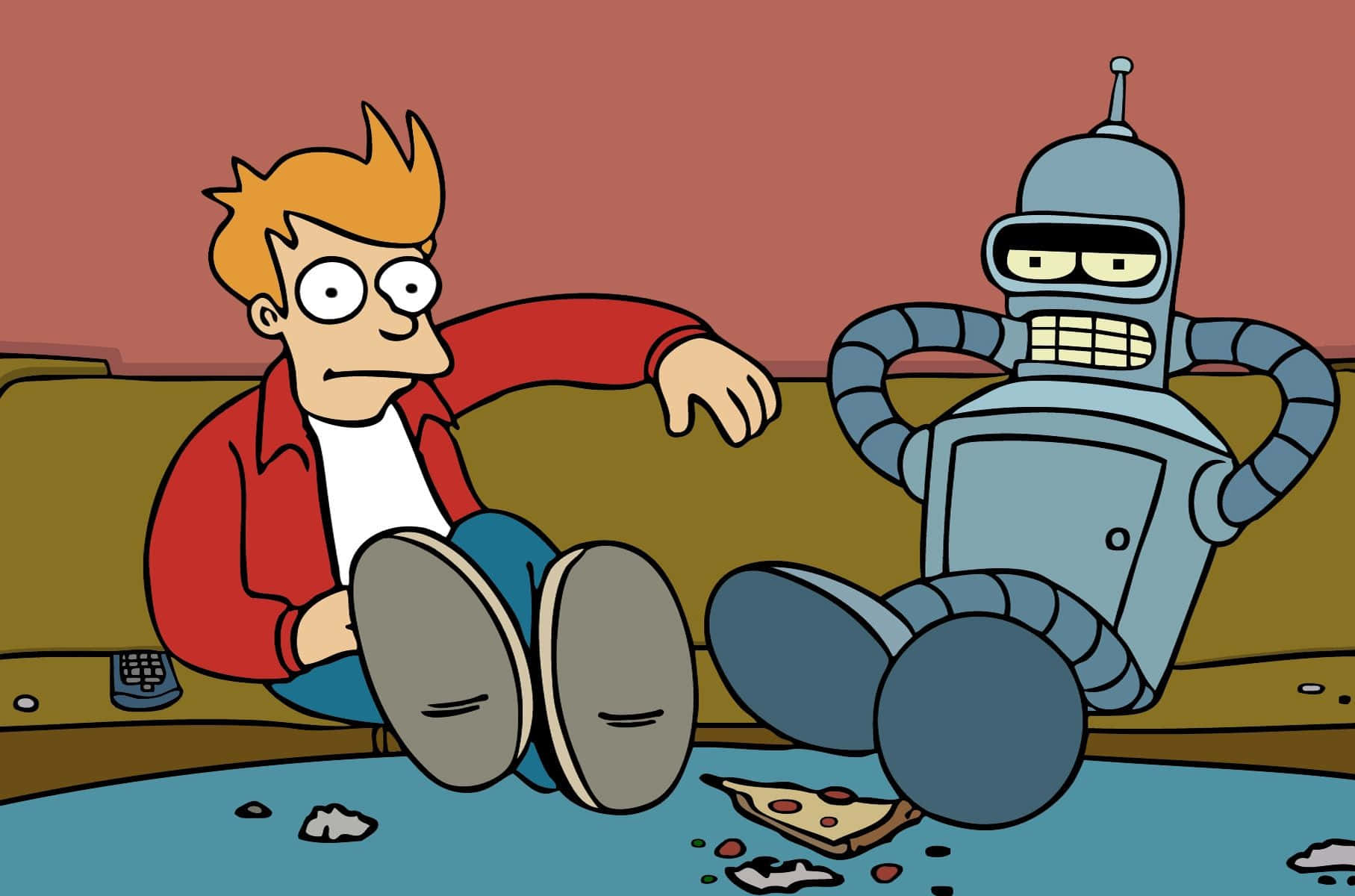 Futurama 桌布 壁紙 — Fry 和 Bender 坐在沙發上，周圍散落著披薩碎屑的卡通場景。