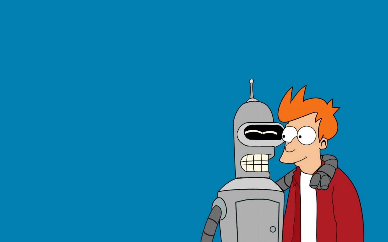 Futurama 桌布 壁紙 — Fry 擁抱 Bender，背景為純藍色，卡通風格。