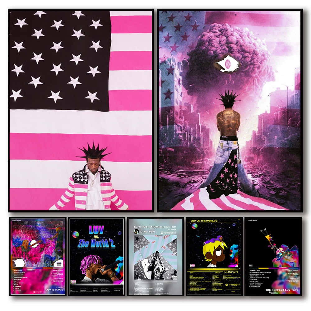  壁紙 — 一幅充滿活力的 Luv Is Rage 2 專輯藝術拼貼畫，以粉紅色和黑色的美國國旗為背景，呈現一個尖刺頭髮的人物，並帶有超現實的城市景觀和宇宙元素。