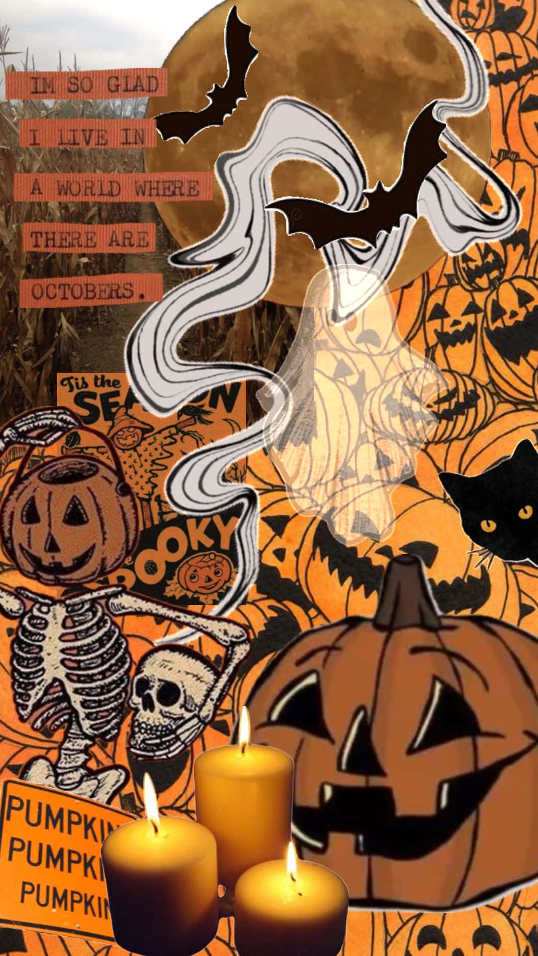  壁紙 — 一幅充滿活力的萬聖節拼貼畫，包含傑克南瓜燈、蝙蝠、蠟燭和鬼魂，背景是橙色月光照耀的天空。