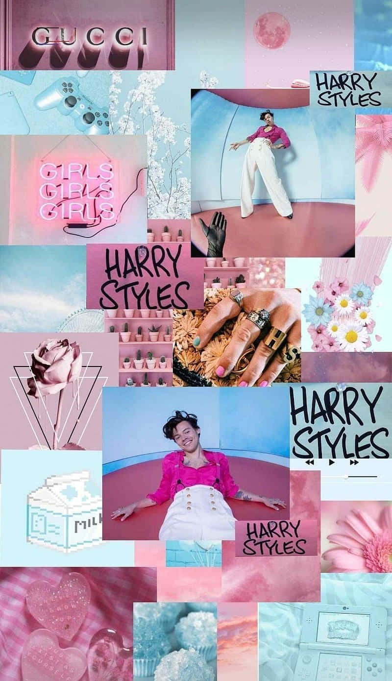  壁紙 — 一幅充滿活力的粉紅和藍色拼貼畫， featuring Harry Styles、遊戲控制器、霓虹燈和花卉圖案，展現年輕的流行美學。