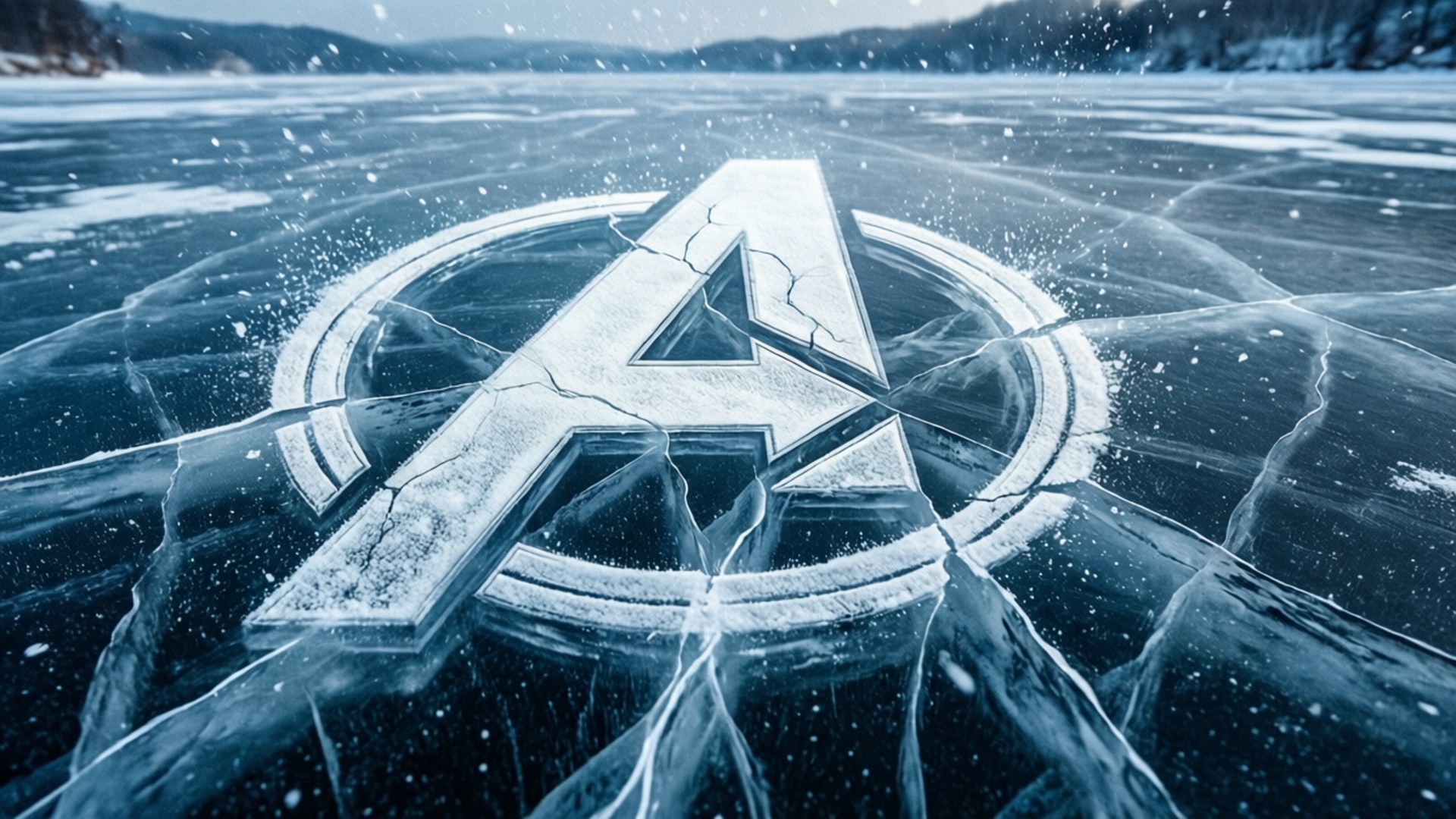 Frozen Avengers Logo Lake 壁紙 — 復仇者聯盟標誌刻在裂開的冰面上，背景是雪天和遠山。