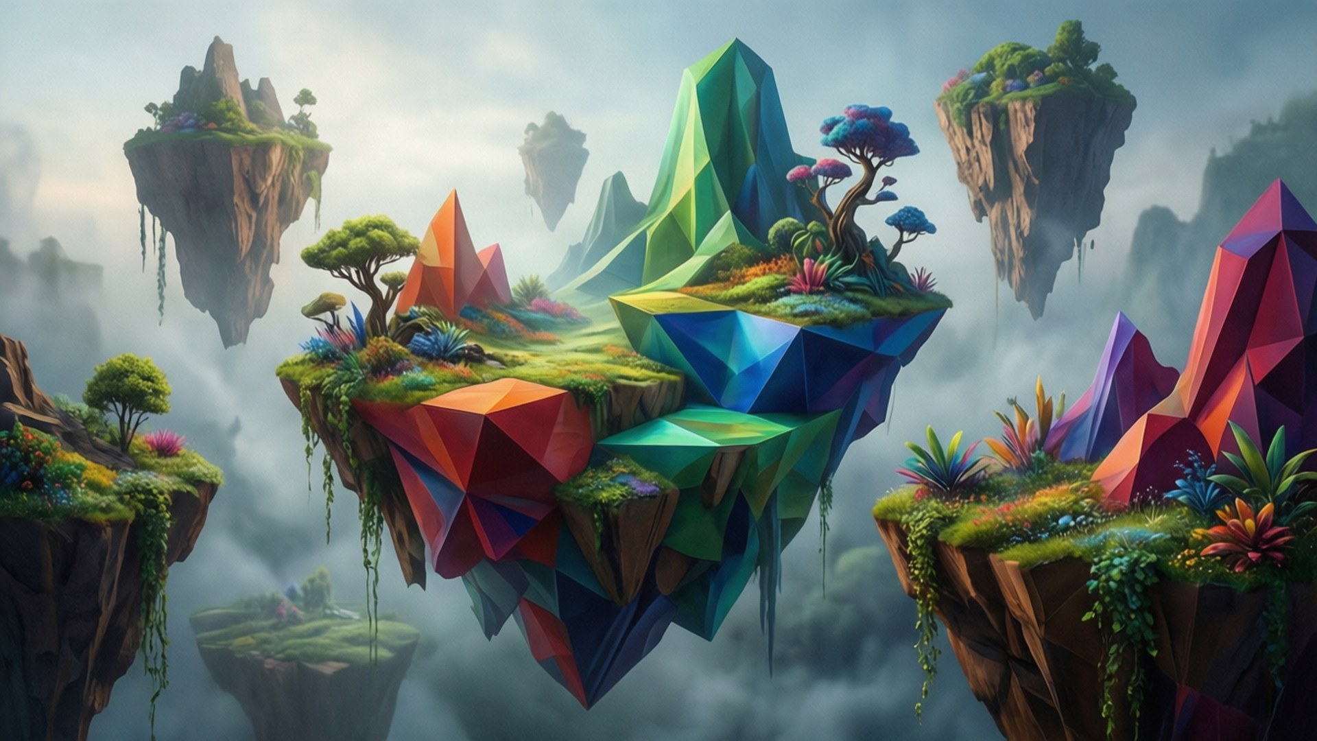 Floating Geometric Islands 壁紙 — 浮島上有幾何形狀的山脈和茂密的植被，在霧濛濛的天空中飄浮。