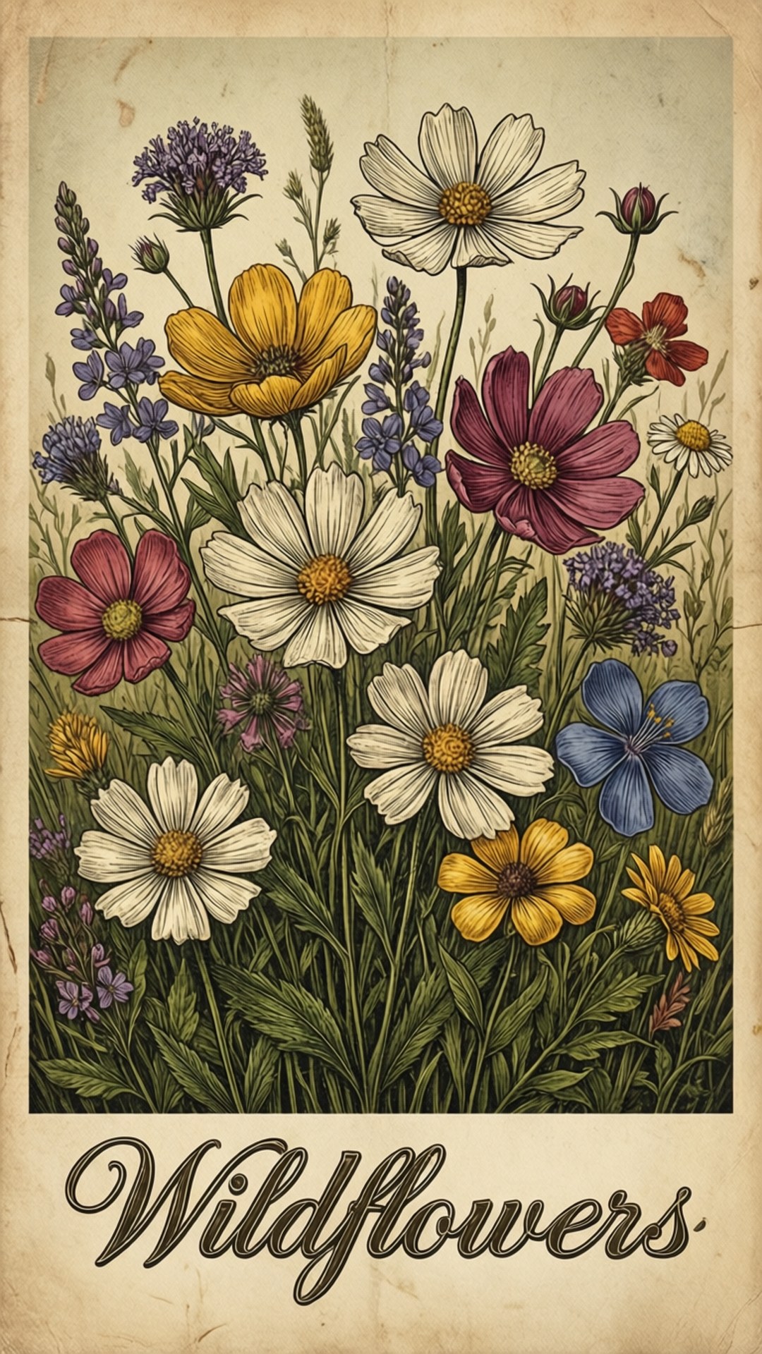 Wildflowers Free 桌布 壁紙 — 一幅復古植物插圖，充滿色彩繽紛的野花，如波斯菊和薰衣草，背景是帶有紋理的舊紙。