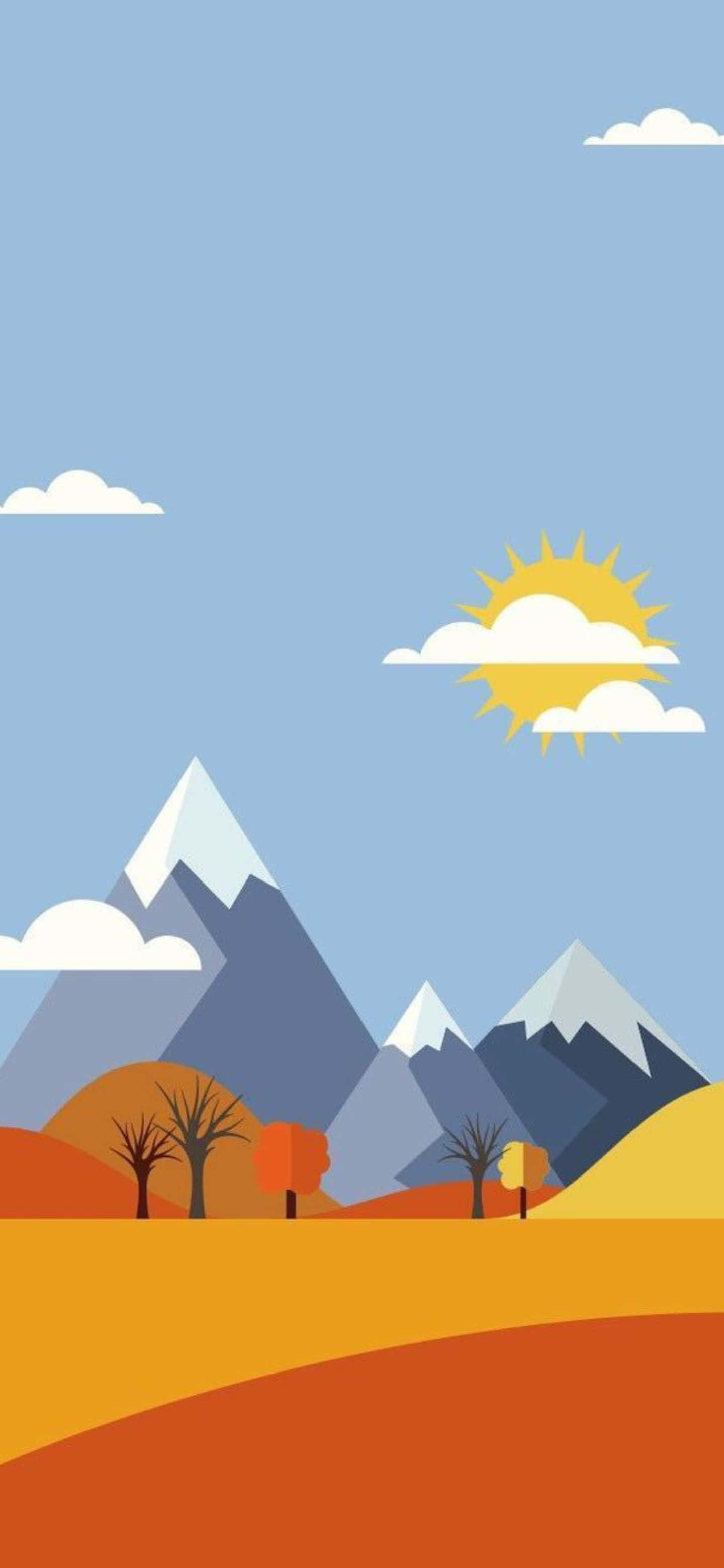 秋季景觀，有山、橙色丘陵和一輪明亮的太陽。 — Google pixel 壁紙