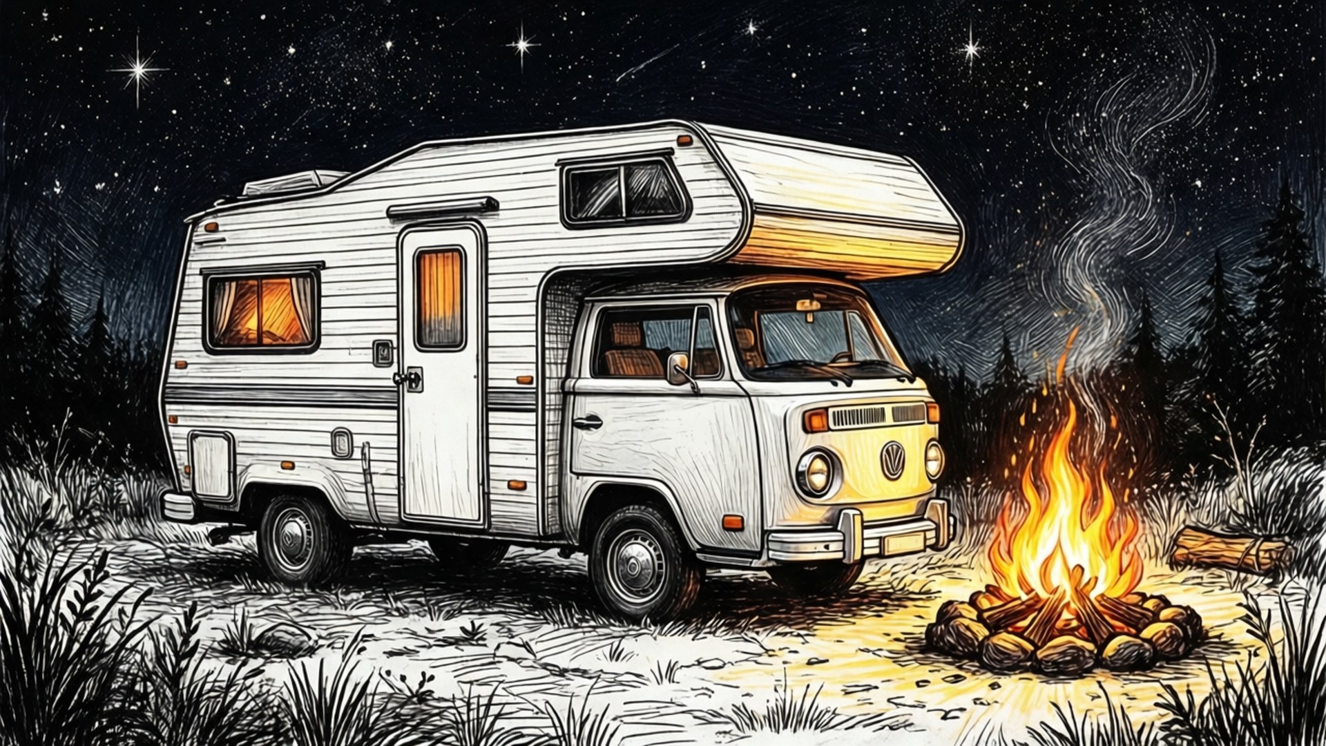 Doodle Camper Van Night 壁紙 — 一輛復古白色露營車停泊在森林中繁星點點的夜空下，旁邊是熊熊燃燒的營火。