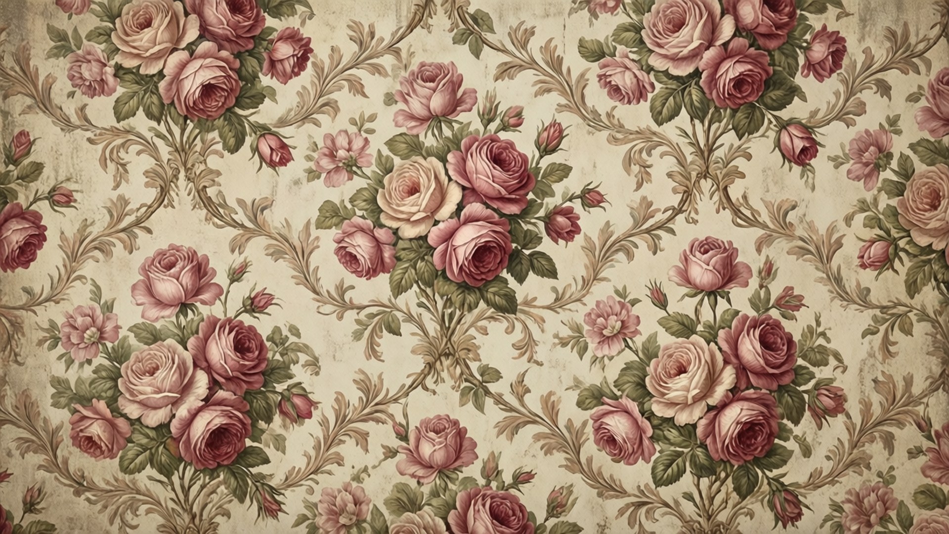 Vintage Rose Pattern 壁紙 — 復古壁紙，在陳舊的奶油色背景上重複出現柔和粉紅色和綠色的玫瑰花簇。