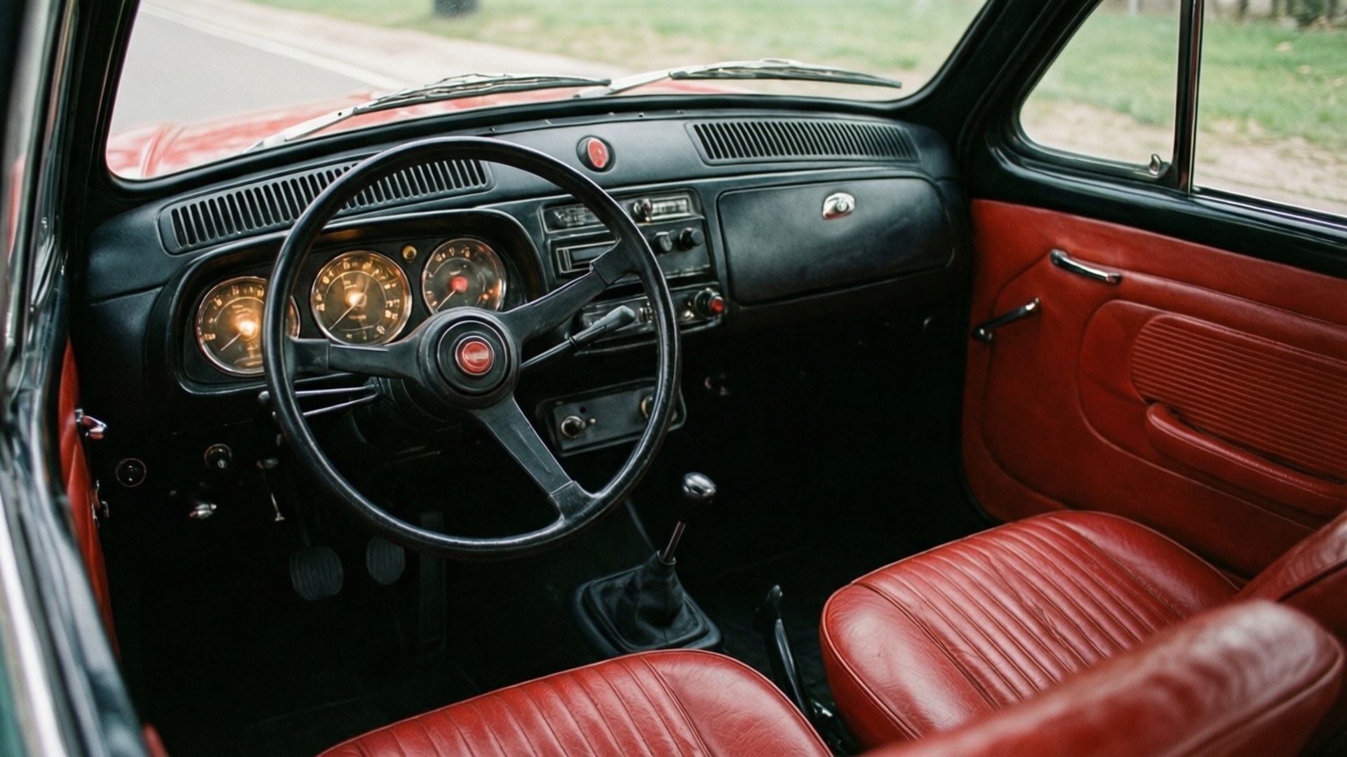 Classic Red Cabin 壁紙 — 復古車內裝，黑色儀表板和紅色皮革座椅及車門面板。