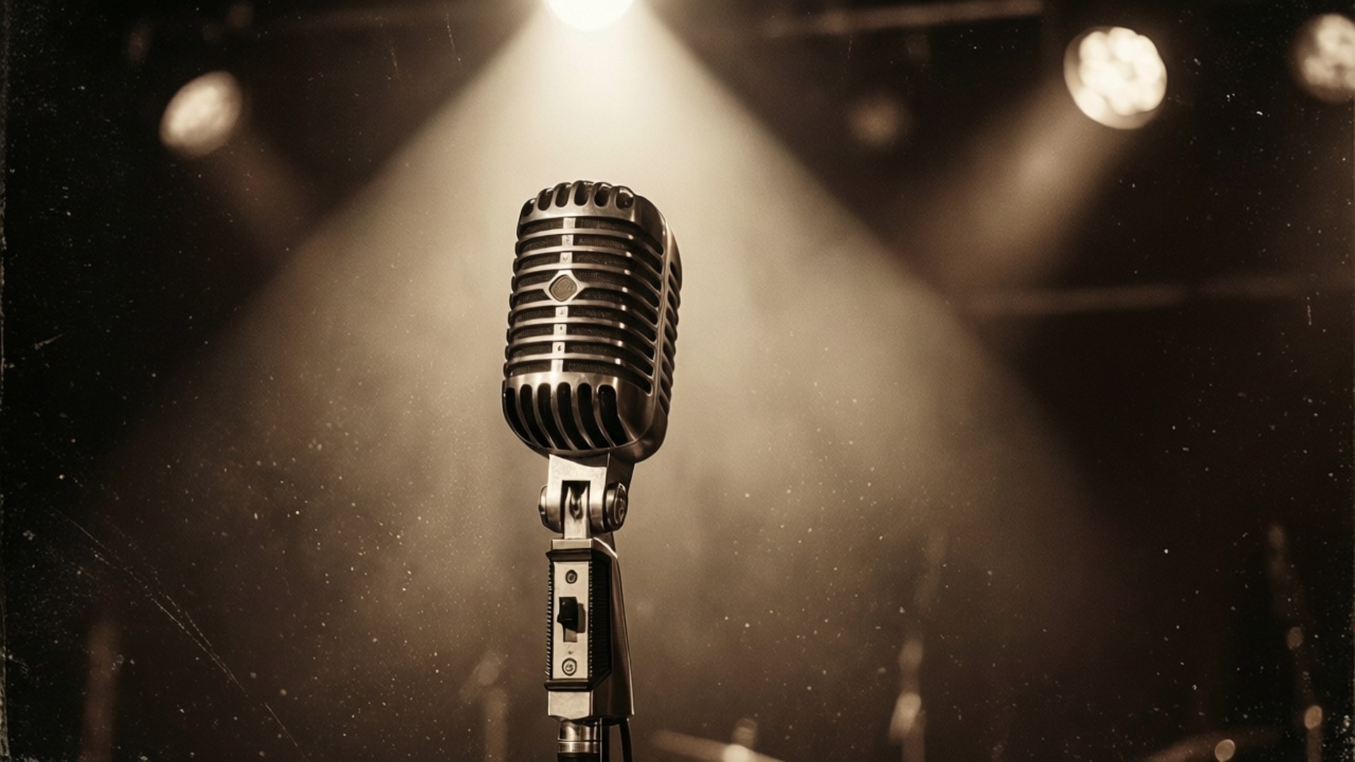 Vintage Stage Microphone 壁紙 — 一個復古帶棱紋的麥克風在煙霧瀰漫的舞台上，聚光燈下居中放置，背景有模糊的舞台燈光。