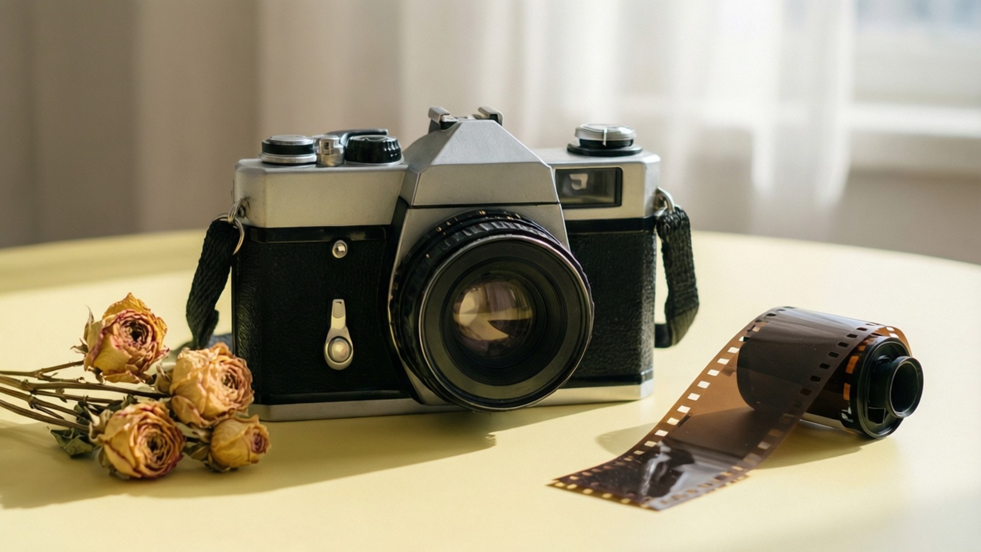 Vintage Camera Setup 壁紙 — 一台復古底片相機放在窗邊淡黃色桌子上，旁邊有乾燥玫瑰和一卷已曝光的底片。