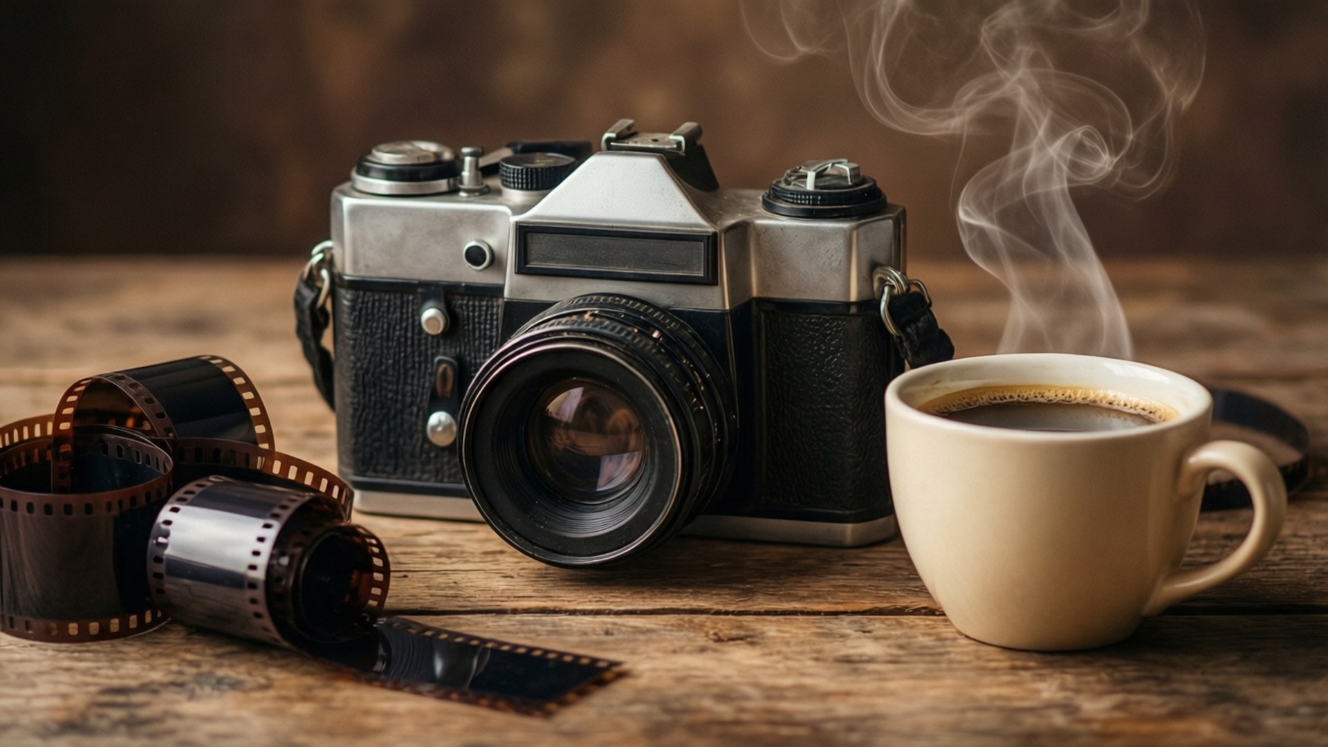 Vintage Camera Setup 壁紙 — 一部復古底片相機和一杯冒著蒸氣的咖啡，旁邊放著底片卷，放在質樸的木桌上。