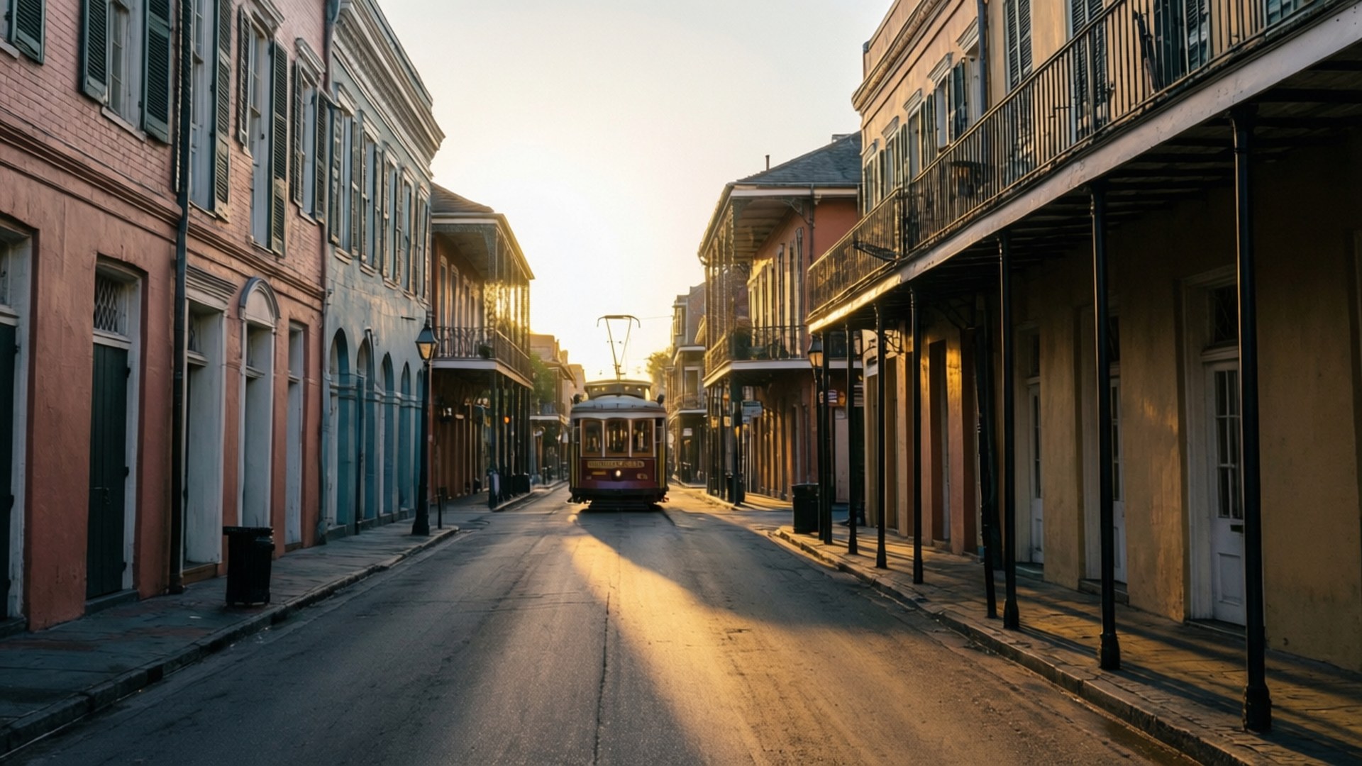 French Quarter 桌布 壁紙 — 一輛復古電車沿著一條陽光普照的歷史街道滑行，街道兩旁是粉彩色的建築物和鐵藝陽台。