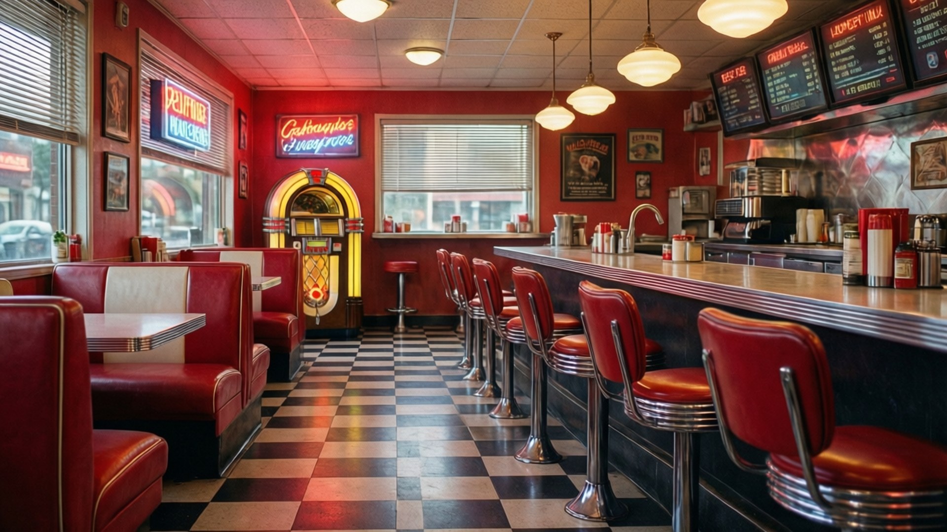 Classic Retro Diner 壁紙 — 一間復古風格的餐廳，配有紅色乙烯基卡座、黑白棋盤格地板和溫暖發光的霓虹燈招牌。