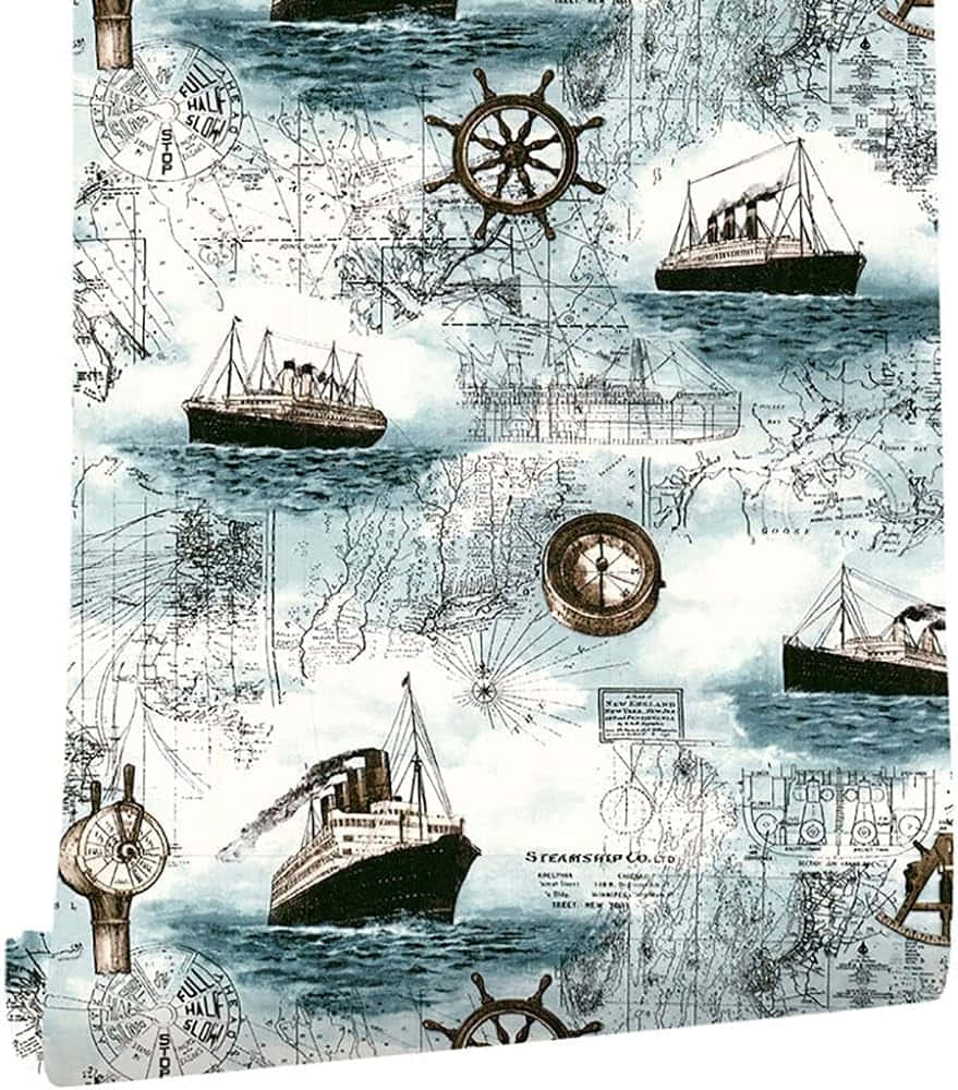 Nautical 桌布 壁紙 — 復古航海風格壁紙，以藍色和棕褐色調呈現蒸汽船、指南針和地圖。