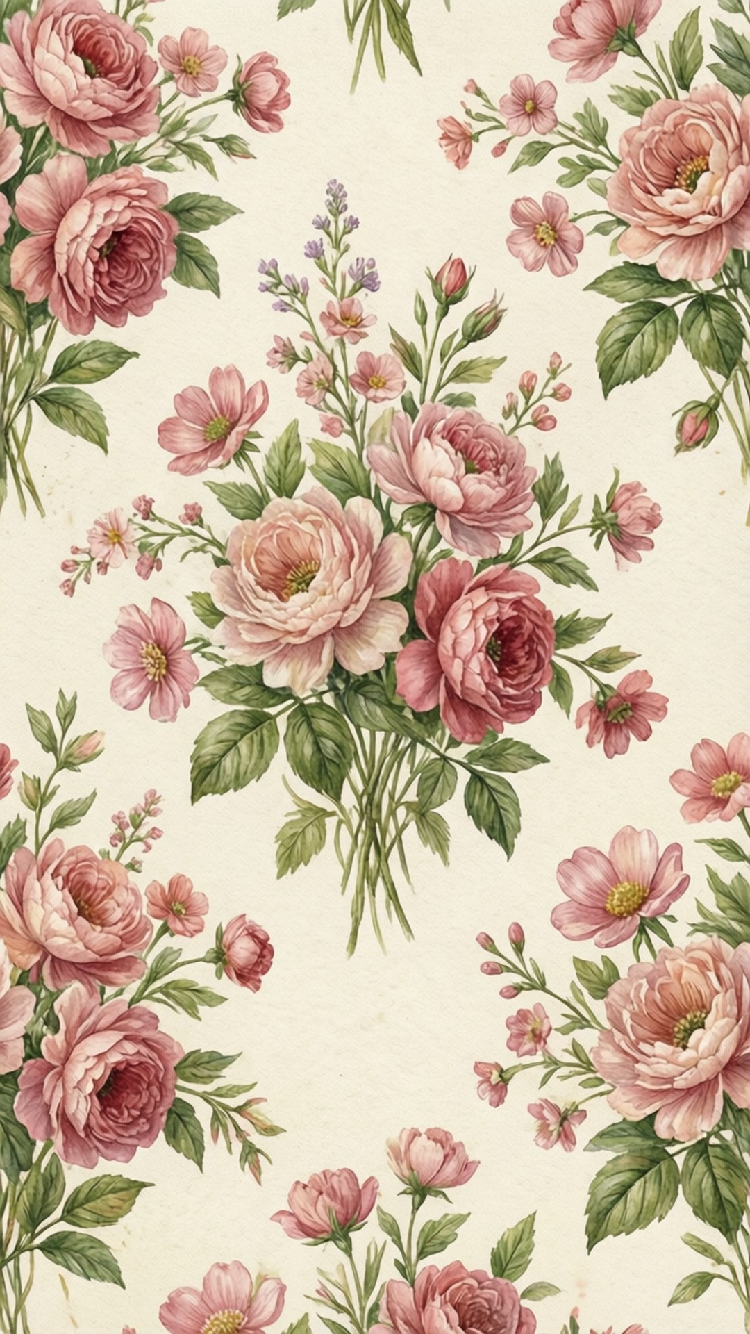 Cottagecore Florals 壁紙 — 復古花卉壁紙圖案，在奶油色背景上飾有粉紅玫瑰和綠葉。