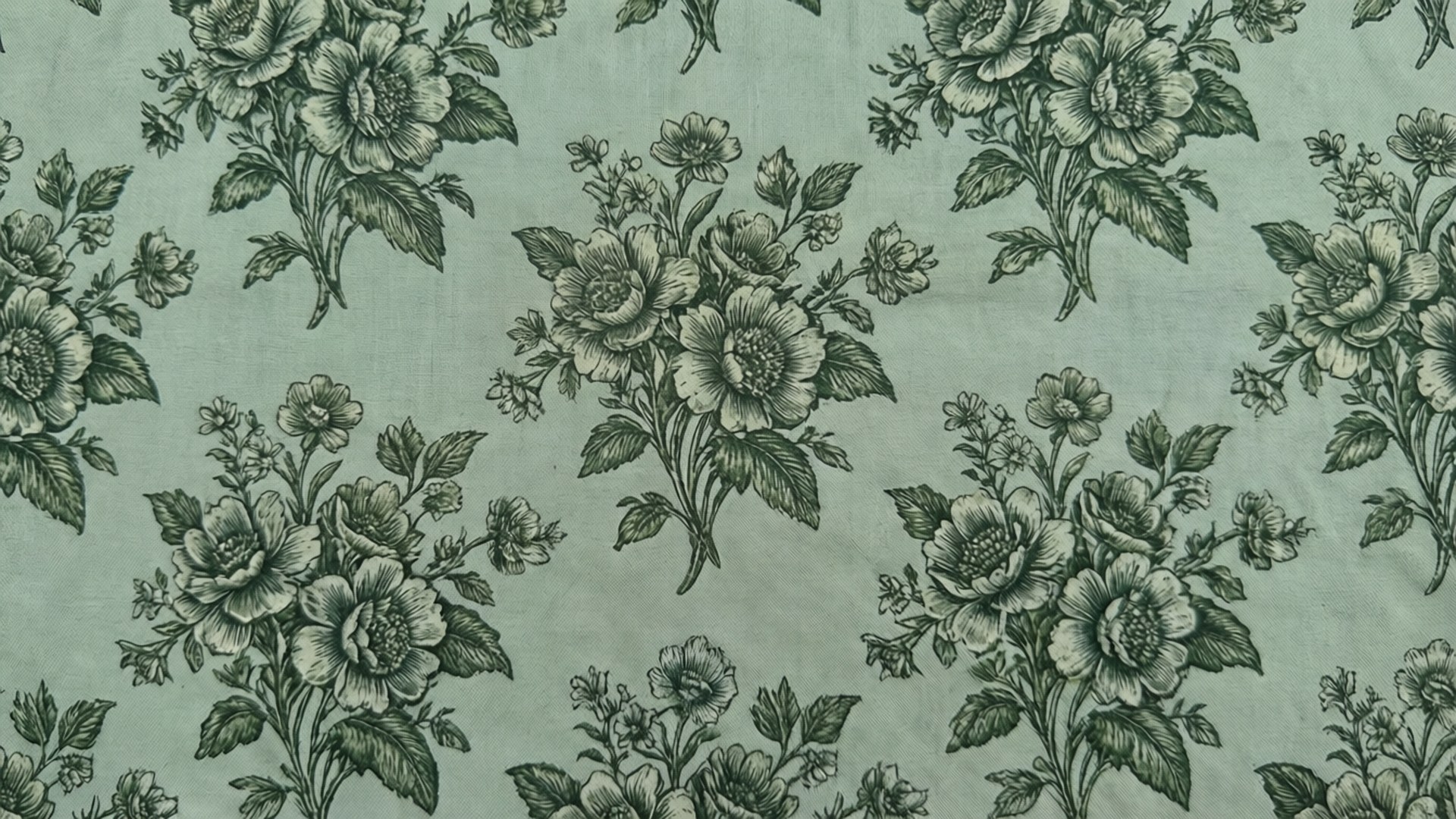 Sage Floral Print 壁紙 — 復古花卉壁紙，在柔和青綠色背景上帶有深綠色植物圖案。