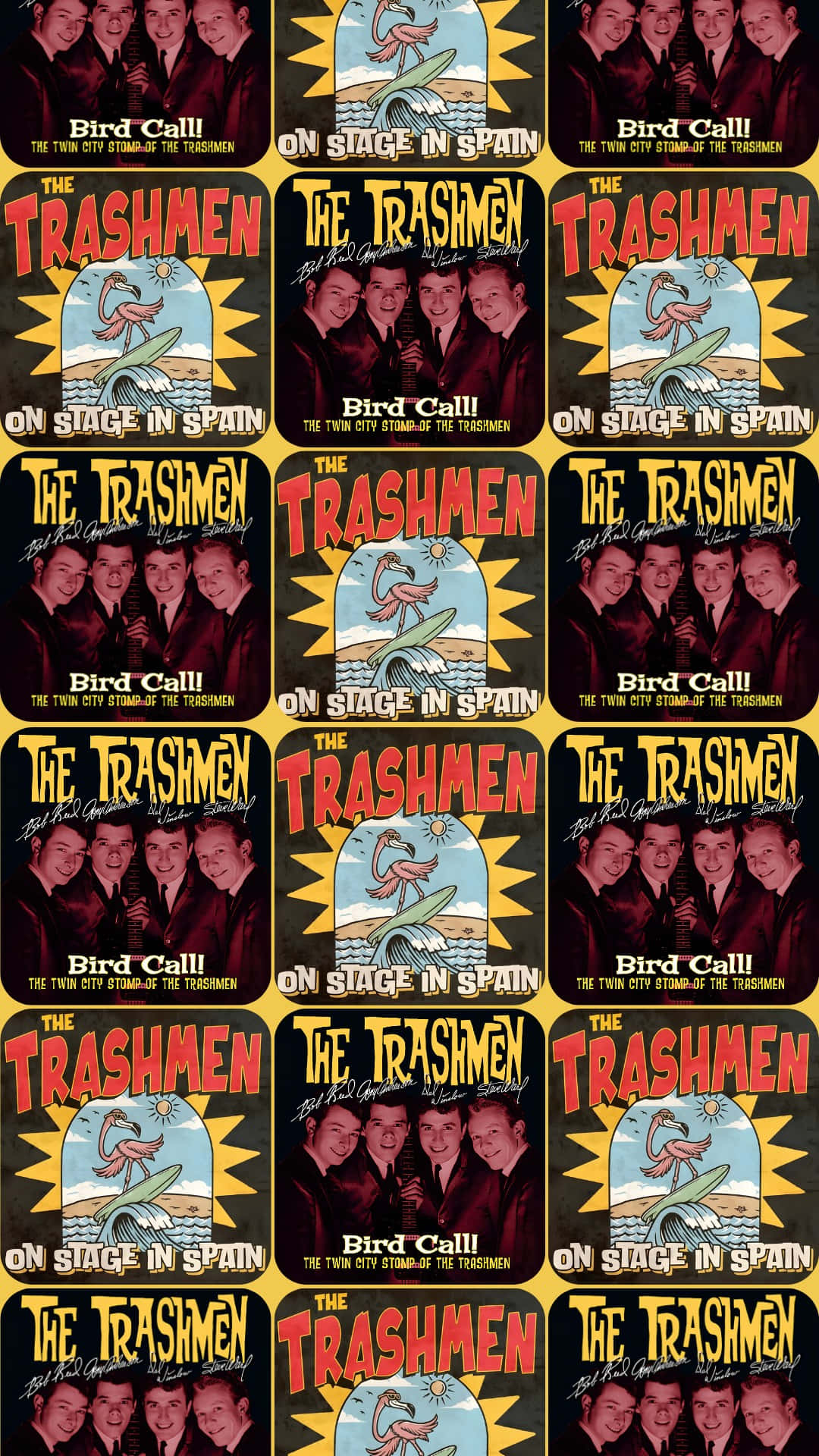  壁紙 — 復古懷舊海報圖案， featuring The Trashmen 樂團，帶有衝浪板火烈鳥和粗體紅、黃、黑色的「Bird Call」文字。