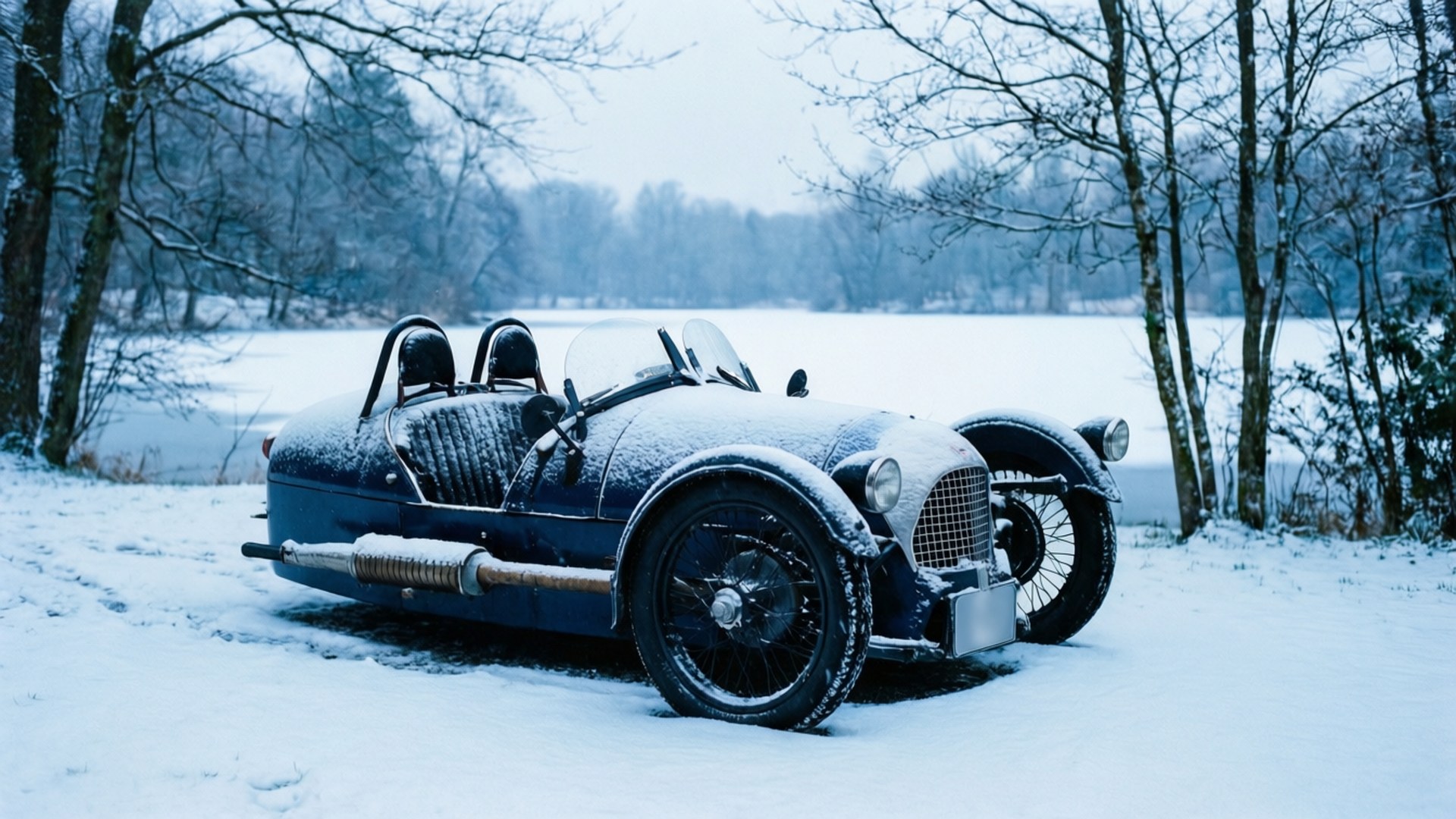 Morgan 3 Wheeler 桌布 壁紙 — 一輛覆蓋著雪的復古藍色跑車在冬季森林的冰凍湖邊靜靜地休息。