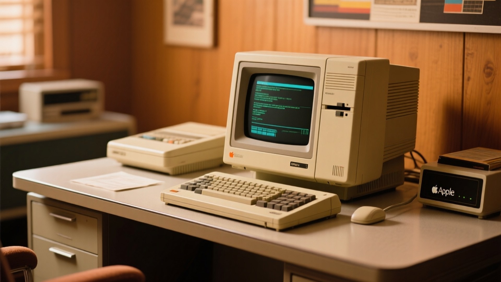 Apple IIe Retro 壁紙 — 一台復古米色Apple電腦連鍵盤和滑鼠放在溫暖照明的復古辦公室木桌上。