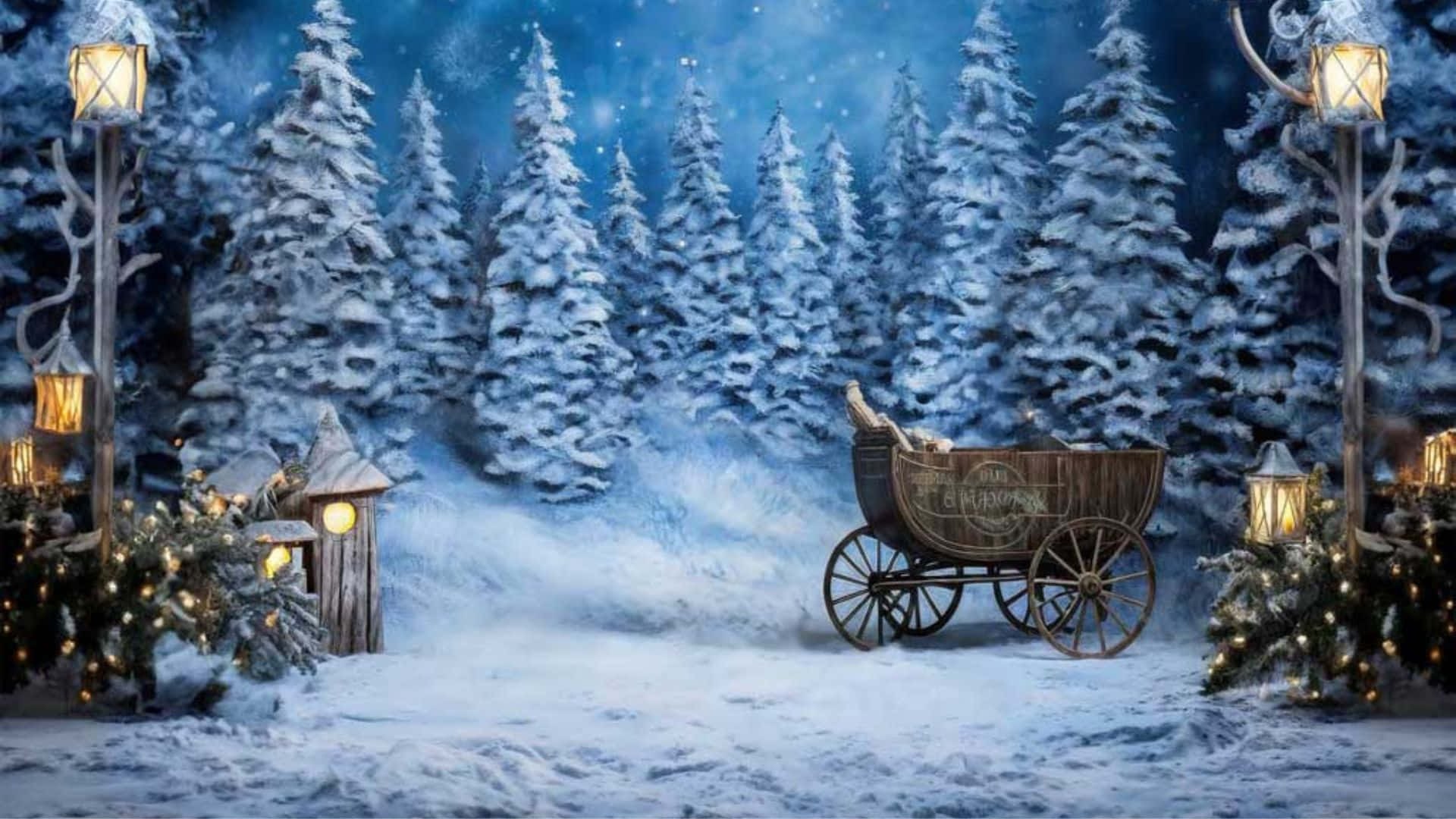 壁紙 — 一輛復古木製馬車在夜晚的雪地森林中停歇，被松樹上發光的燈籠和閃爍的燈光照亮。