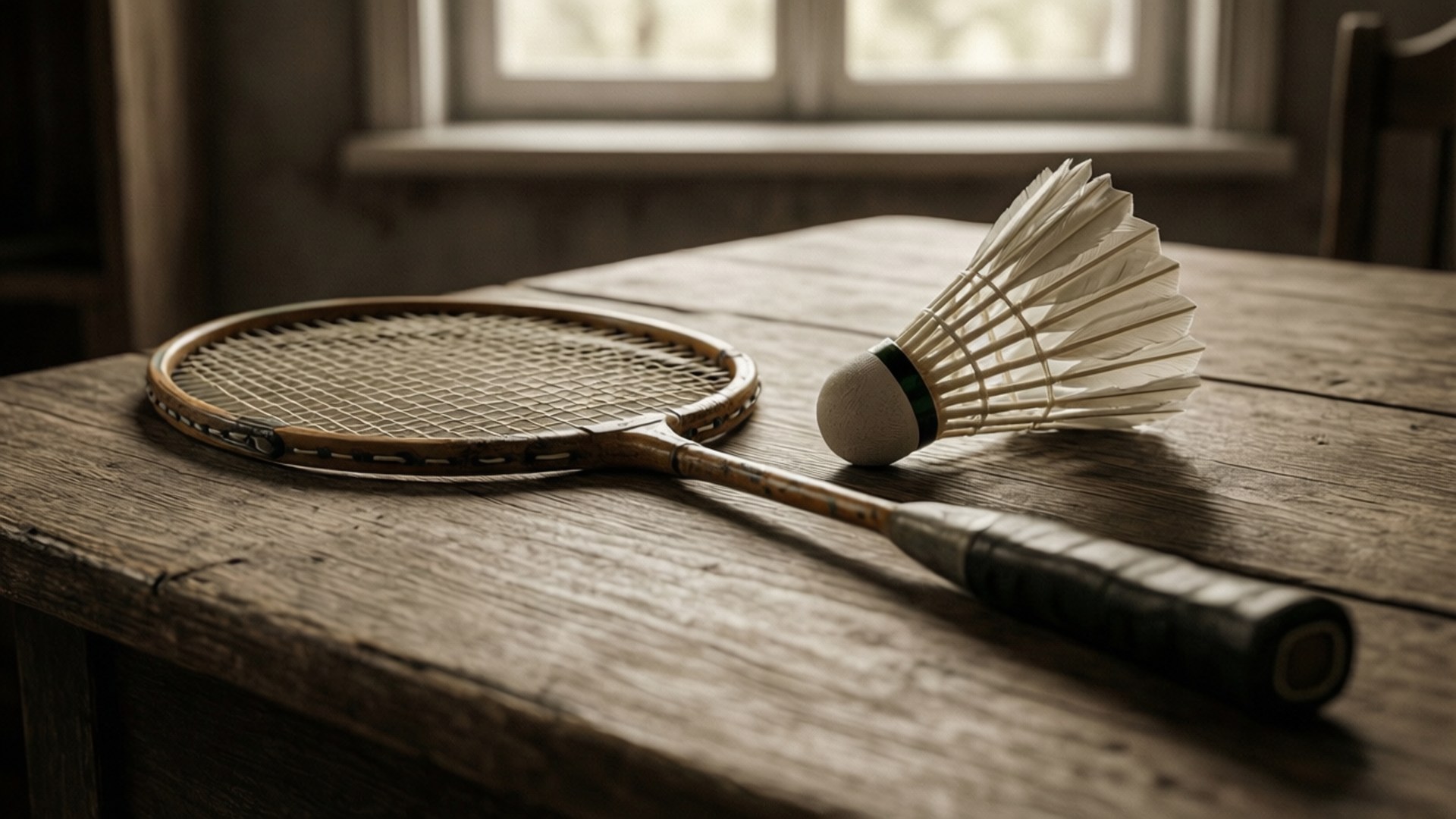 Vintage Racket Still Life 壁紙 — 一支復古木製羽毛球拍和羽球放在窗邊一張風化的木桌上。