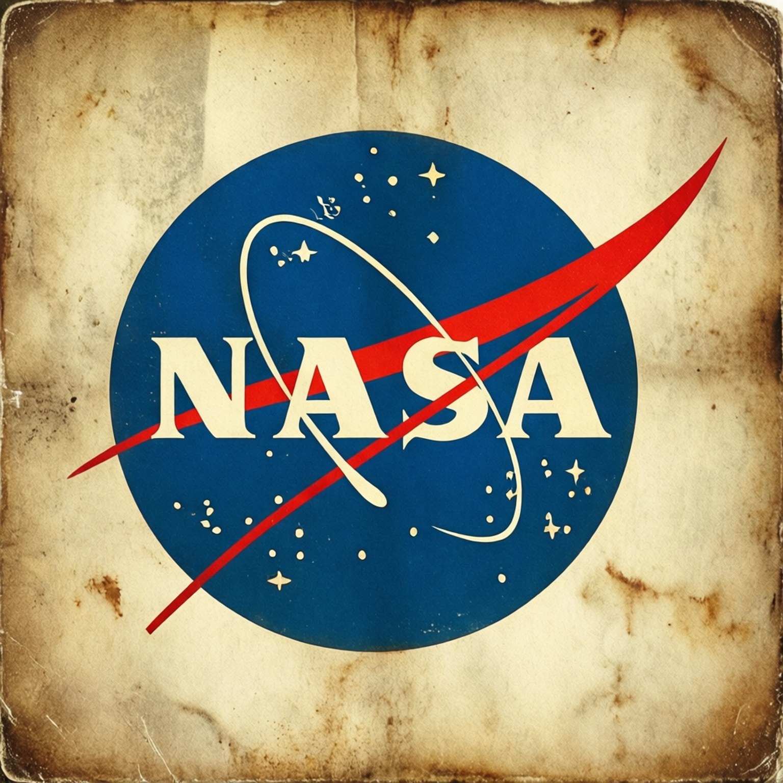 Retro NASA Logo 壁紙 — 復古NASA標誌，藍色圓圈、紅色彎勾和白色星星，位於陳舊紋理紙張背景上。