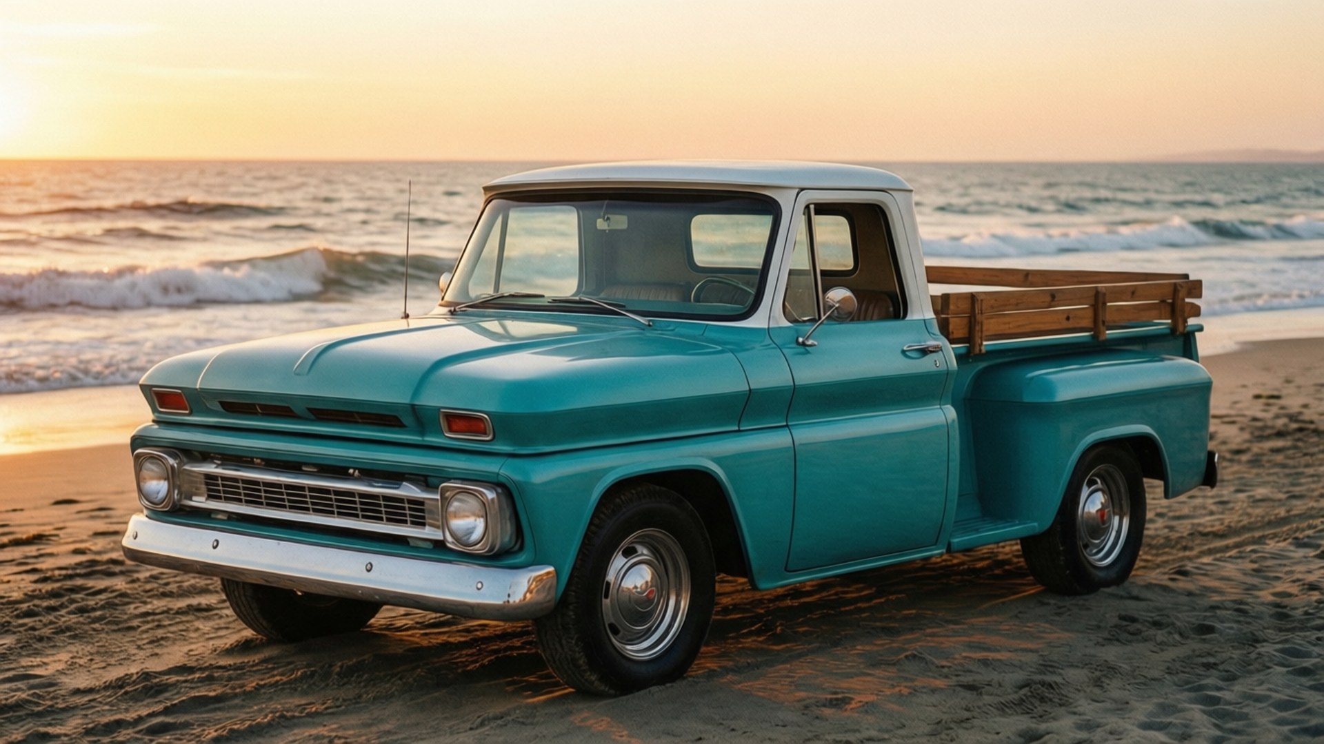 Beachside Classic Chevy 壁紙 — 一輛復古青綠色皮卡車配有木質床欄，停放在沙灘上，夕陽下海浪在車後拍打。