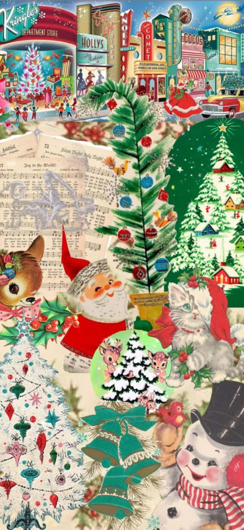  壁紙 — 復古聖誕拼貼畫， featuring 聖誕老人、馴鹿、雪人和裝飾樹，背景是熱鬧的節日街景。