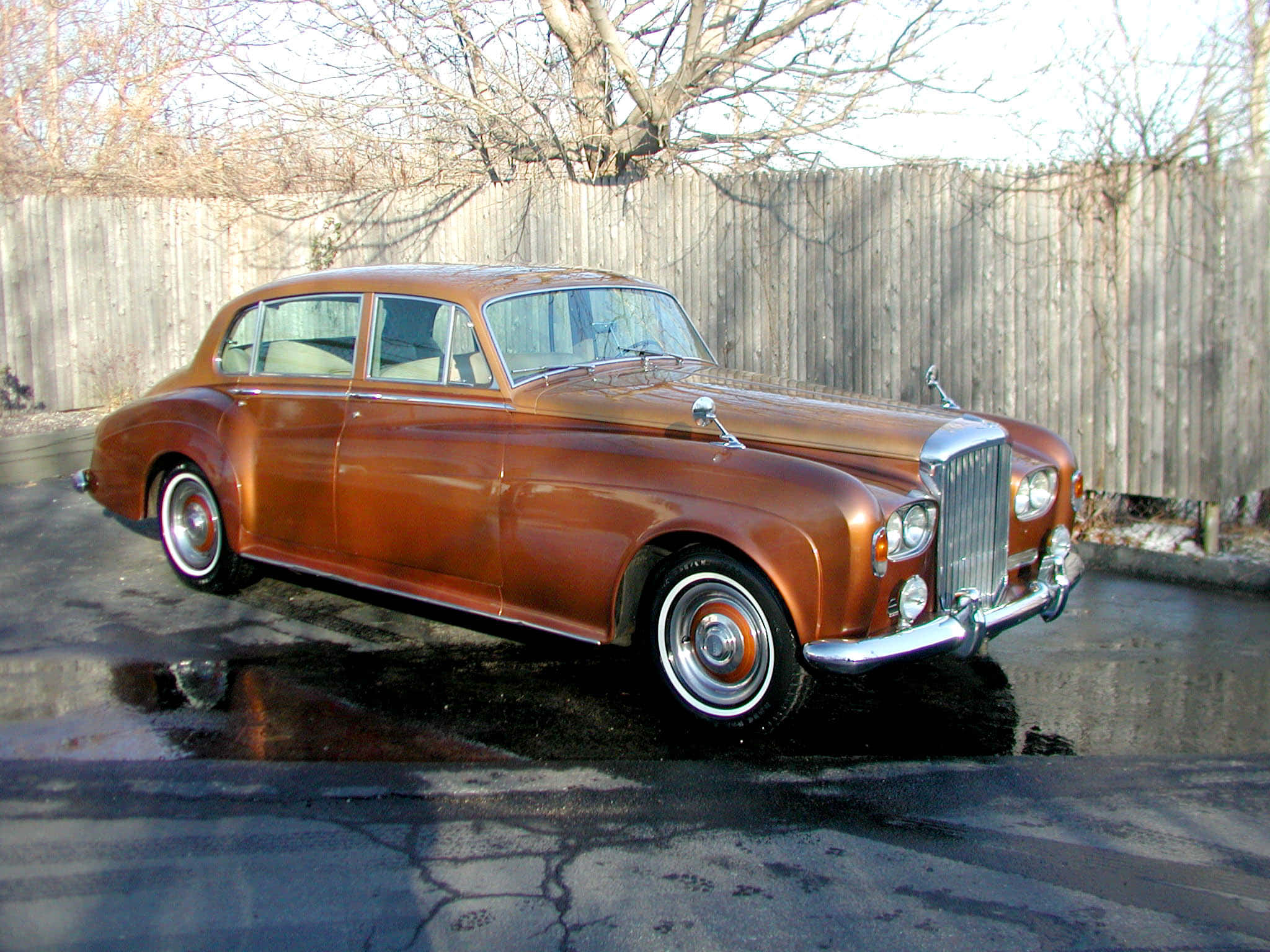 Bentley S3 桌布 壁紙 — 一輛復古銅色賓利轎車在潮濕的車道上閃閃發光，旁邊是木柵欄，樹木光禿禿的。